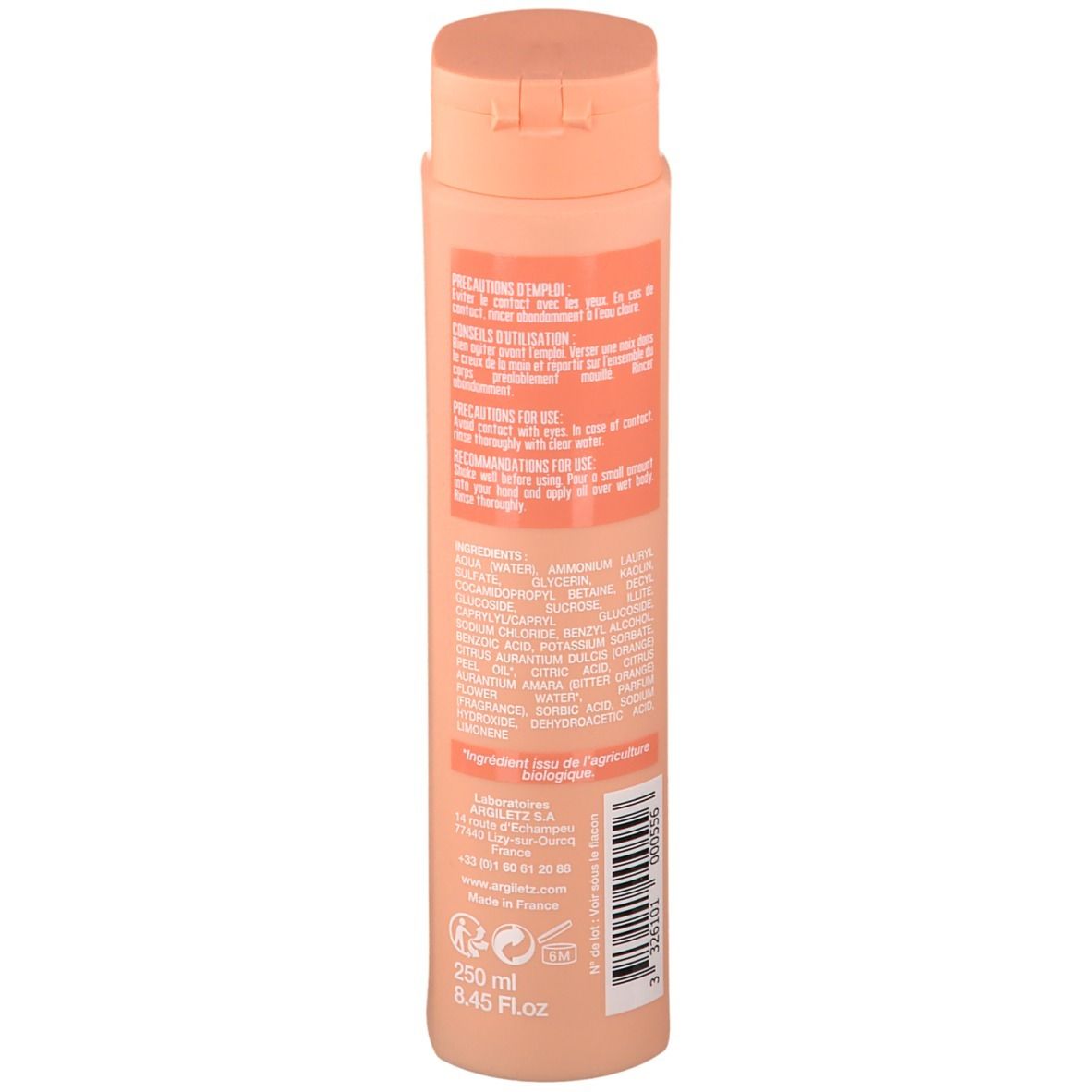 Rückseite der Flasche. Text auf orangefarbenem Etikett. Zutatenliste, Gebrauchsanweisung und Herstellerinformationen. Argiletz.