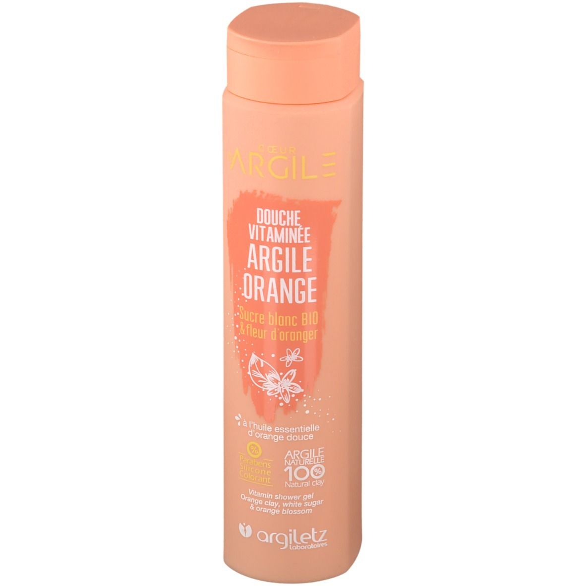 Beige Flasche mit orangefarbenem Etikett. Text: Argile Orange Duschgel. Mit Vitaminen, Zucker und Orangenblüten. Argiletz.