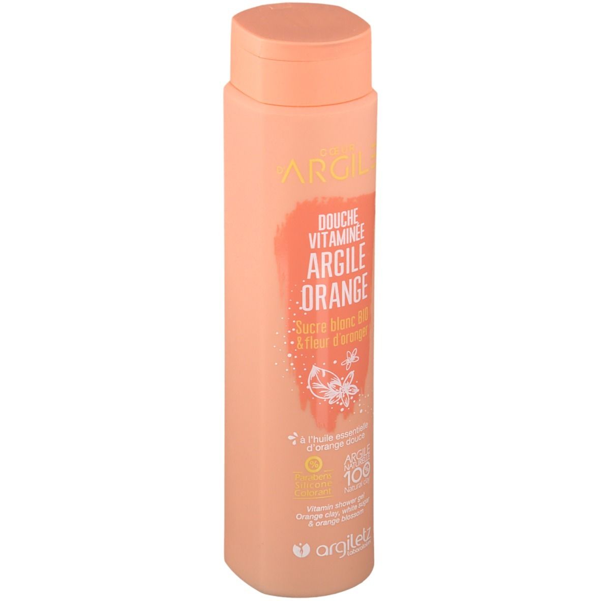 Beige Flasche mit orangefarbenem Etikett. Text: Argile Orange Duschgel. Mit Vitaminen, Zucker und Orangenblüten. Argiletz.