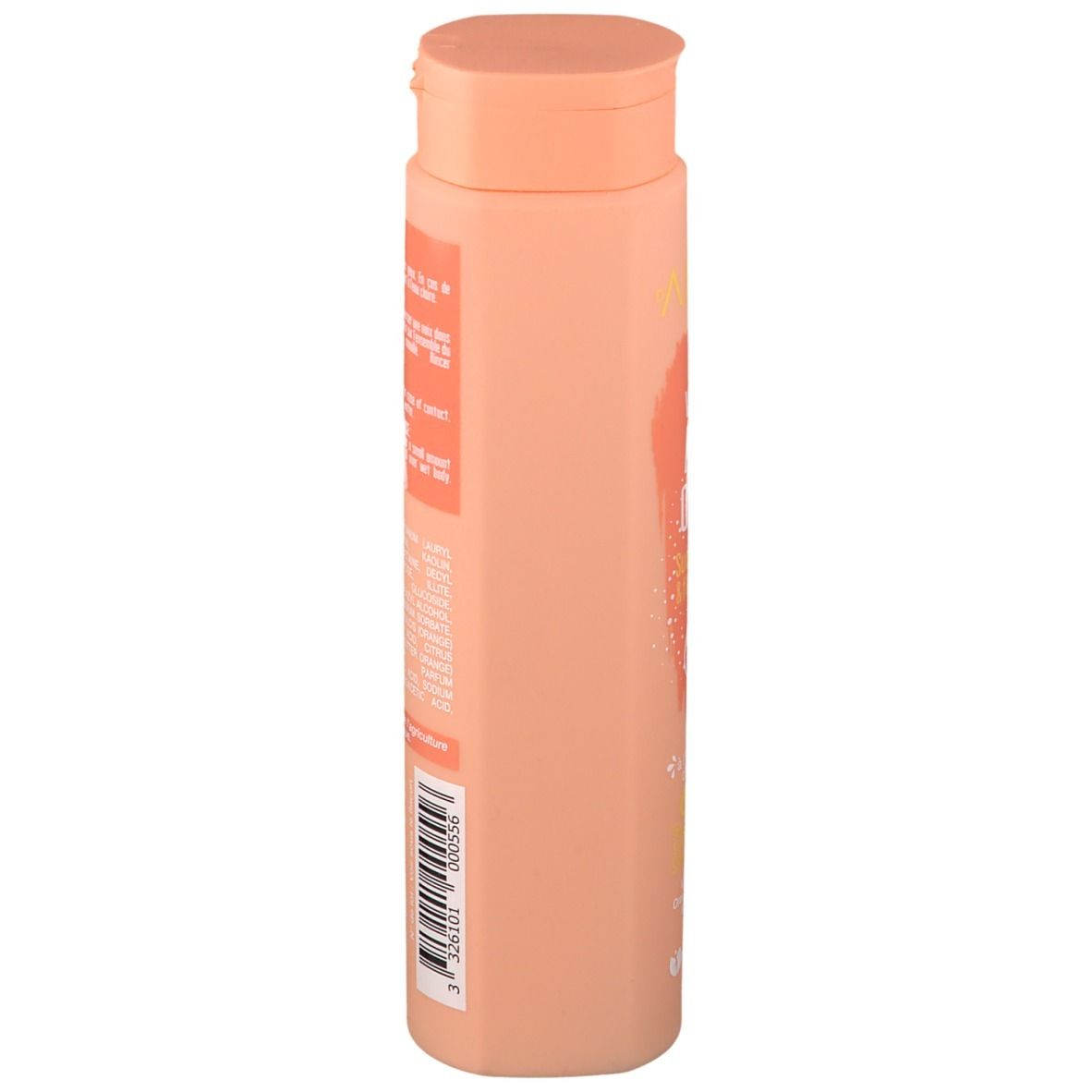 Beige Flasche, Seitenansicht. Orangefarbenes Etikett mit Text. Deckel und Flasche in ähnlichen Farbtönen. Argiletz.