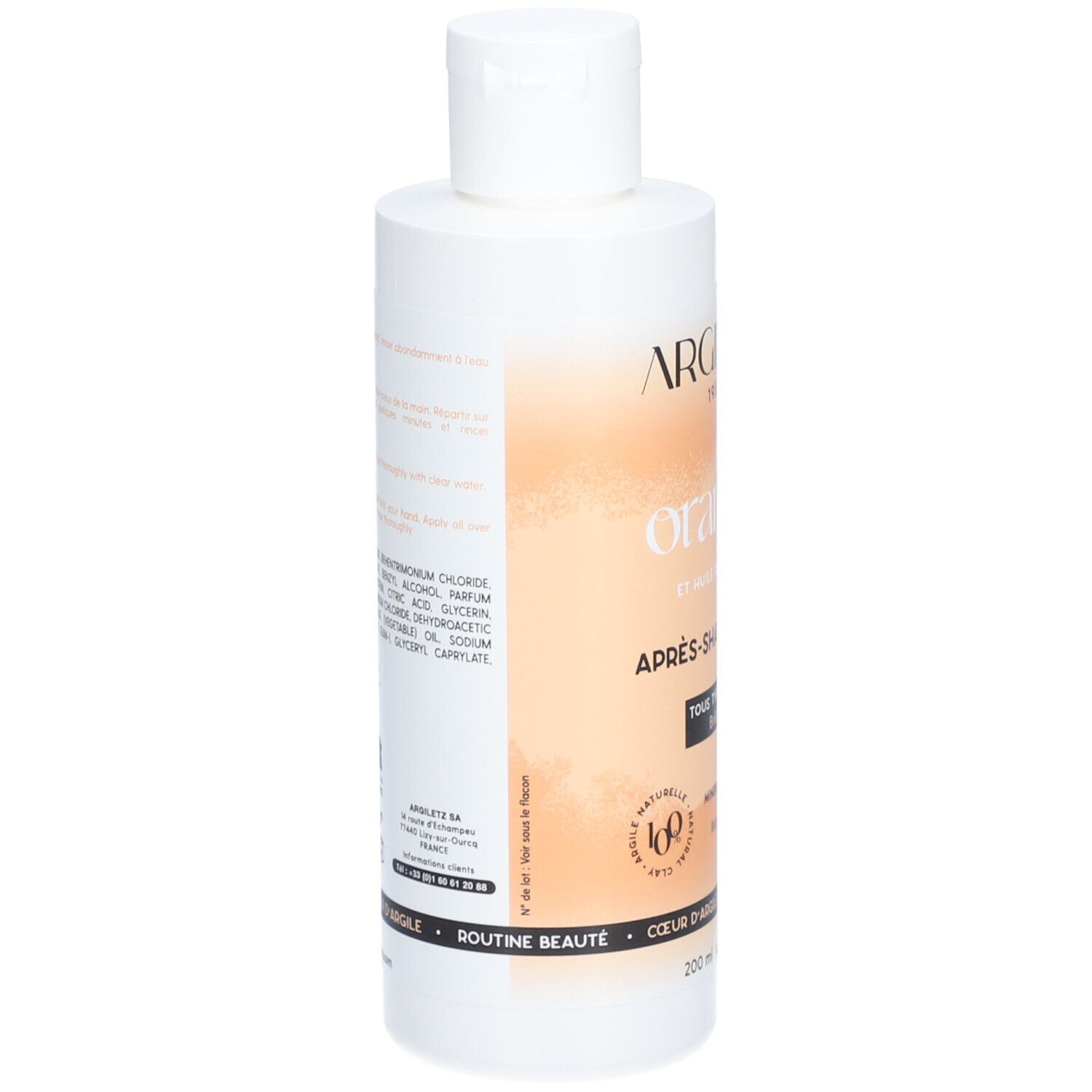 Flacon blanc avec étiquette orange. Inscription: ARGILETZ, orange, Après-shampooing minéral. Dos avec ingrédients.