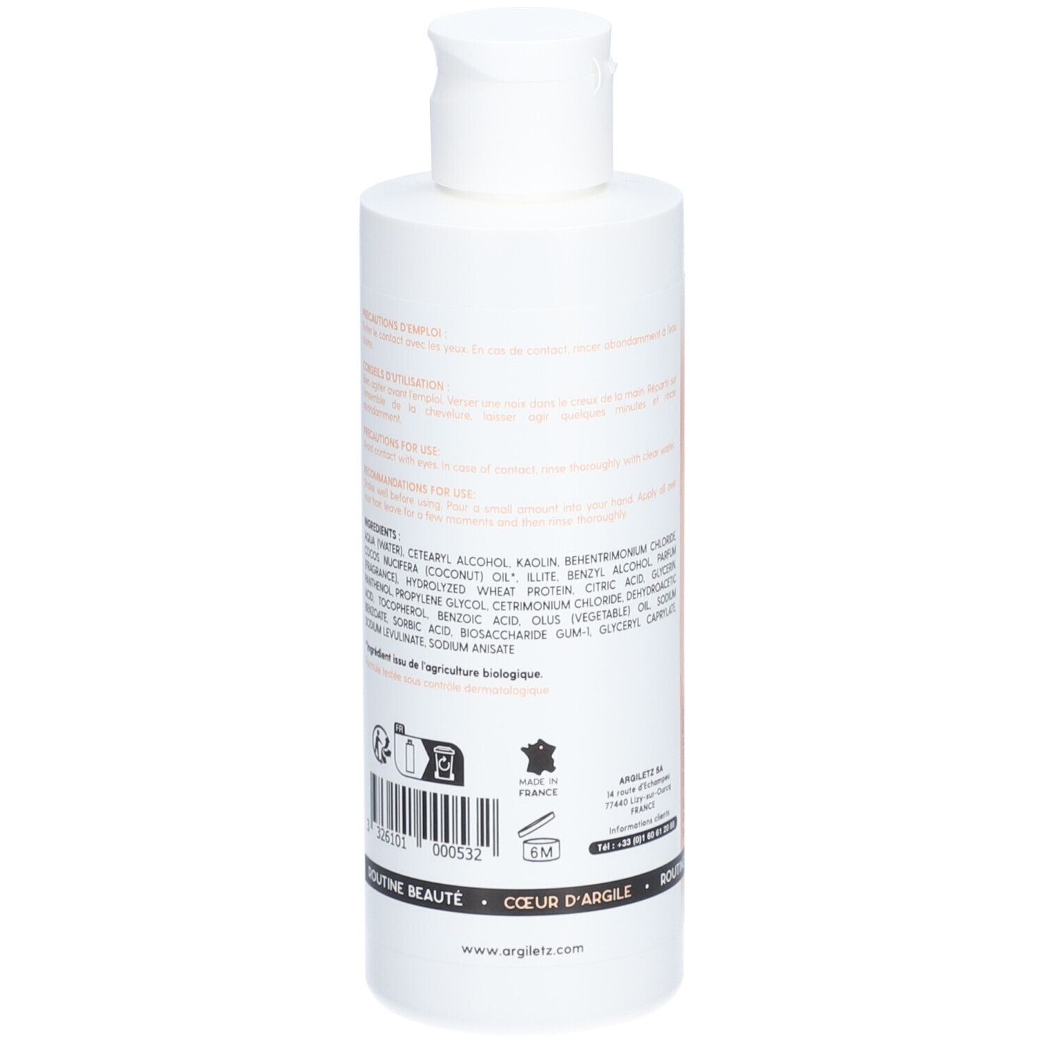 Dos d'un flacon blanc avec étiquette orange. Ingrédients et informations. Avec certifications.