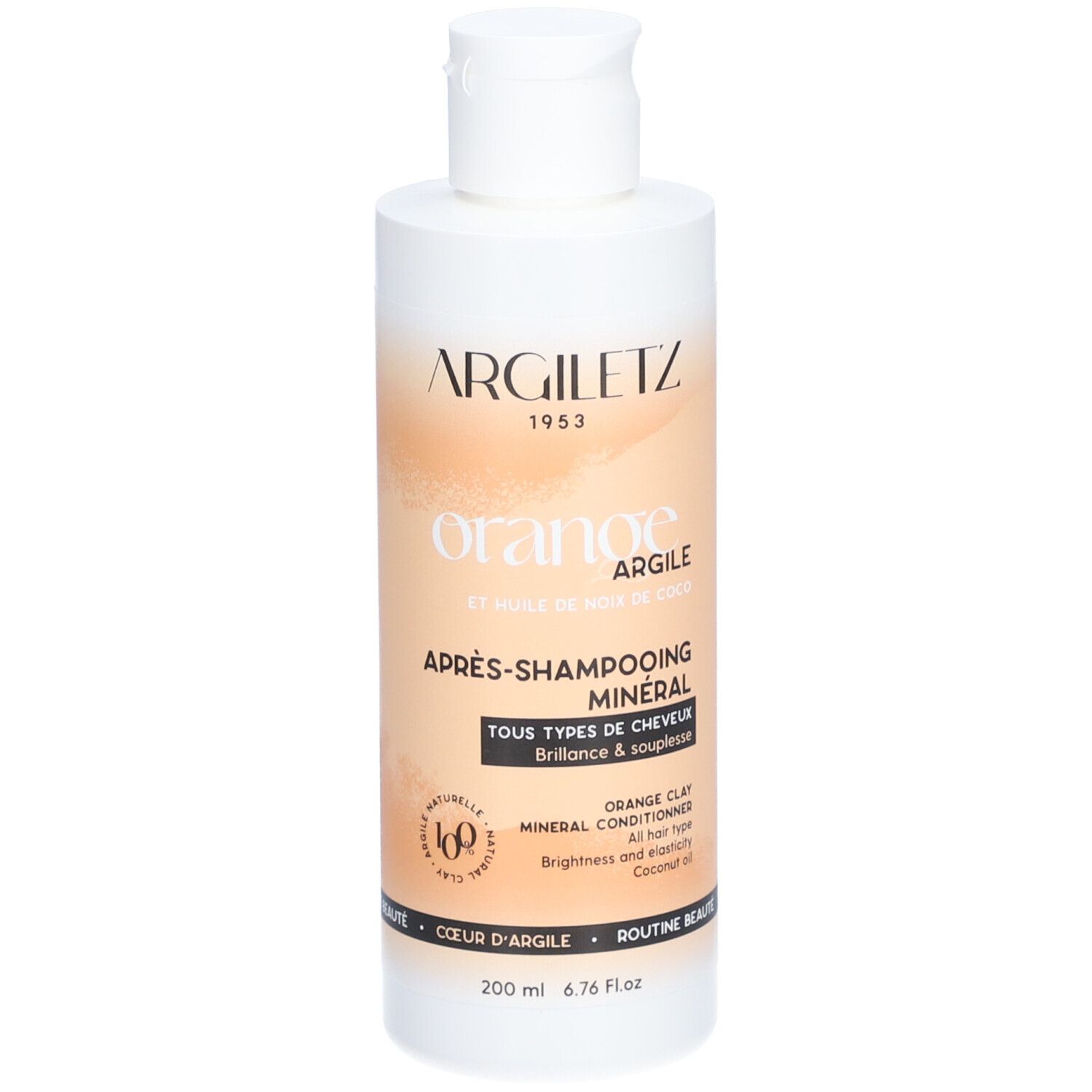 Flacon blanc avec étiquette orange. Inscription: ARGILETZ, orange, Après-shampooing minéral. 200 ml.