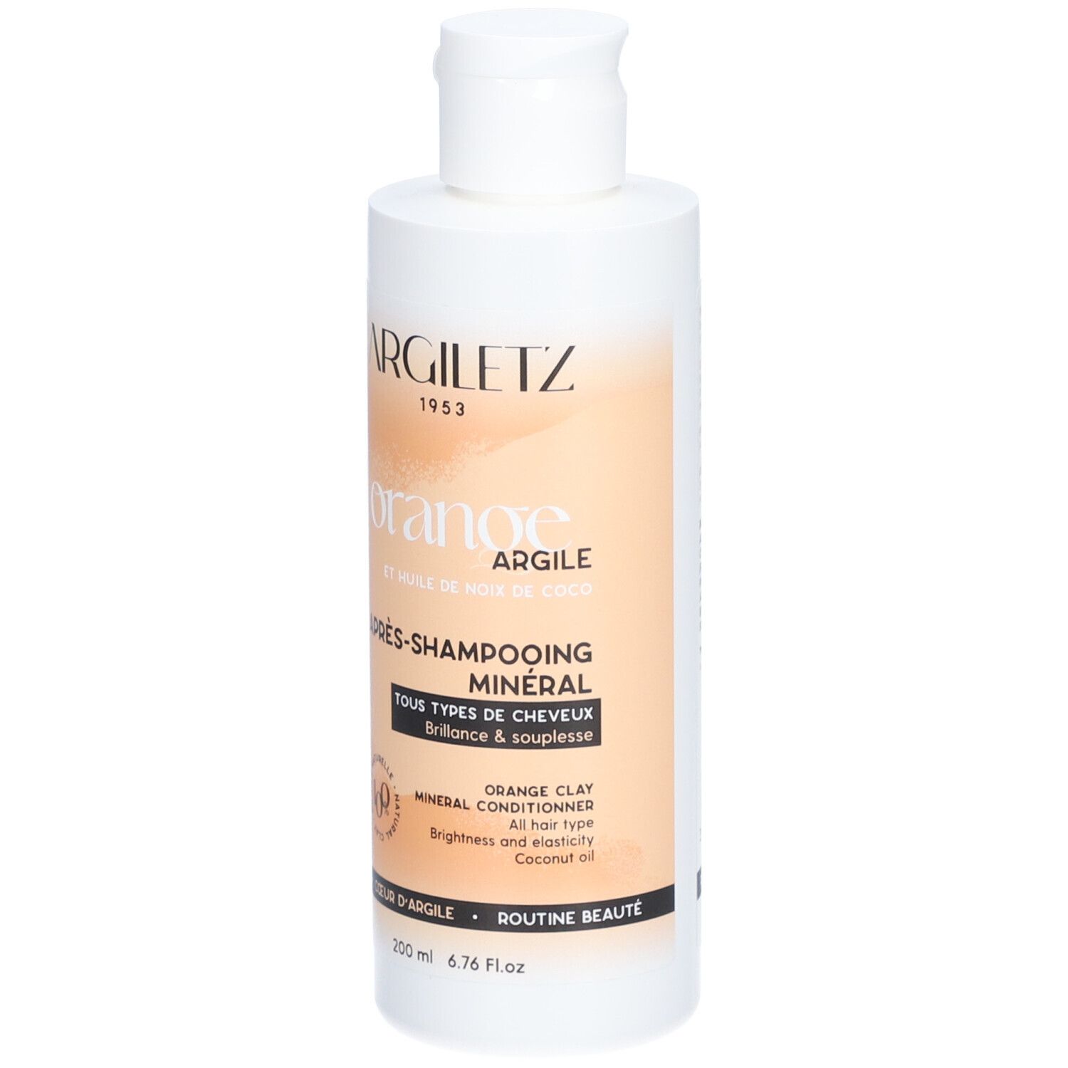 Flacon blanc avec étiquette orange. Inscription: ARGILETZ, orange, Après-shampooing minéral. 200 ml.