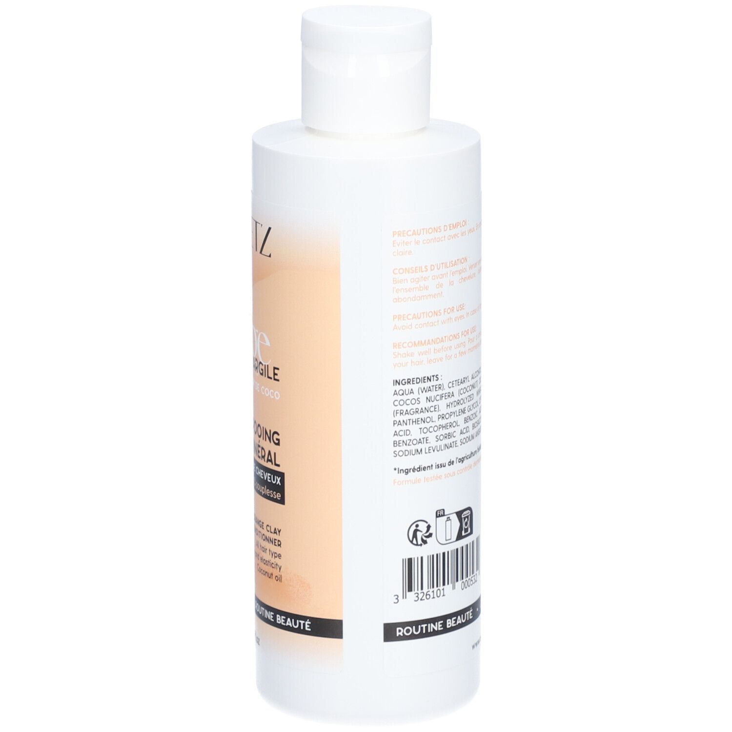 Dos d'un flacon blanc avec étiquette orange. Ingrédients et informations. Avec certifications.