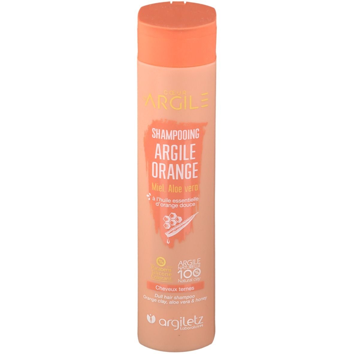 Flacon de shampooing beige et bouchon orange. Inscriptions: Argile Orange Shampoo, Miel, Aloe vera. Logo Argiletz.