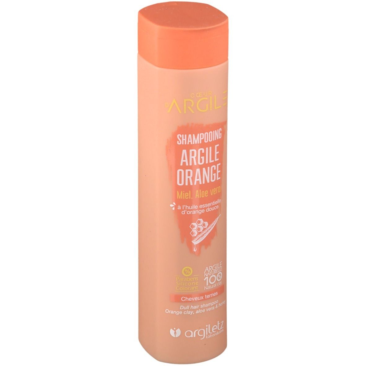 Flacon de shampooing beige et bouchon orange. Inscriptions: Argile Orange Shampoo, Miel, Aloe vera. Logo Argiletz.