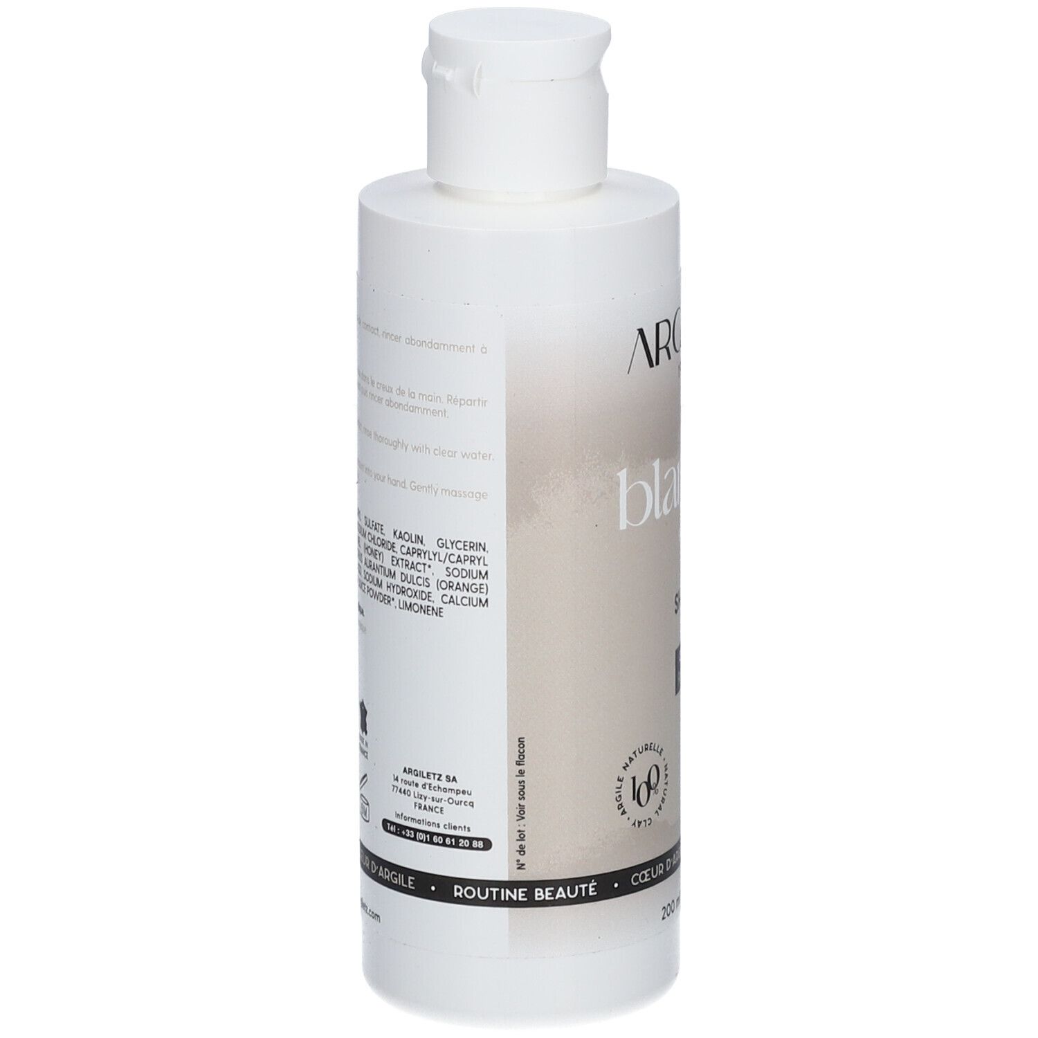 Rückseite der weißen Shampoo-Flasche. Zutatenliste und Informationen. Argiletz-Logo und Text. Mit Bio-Siegel.