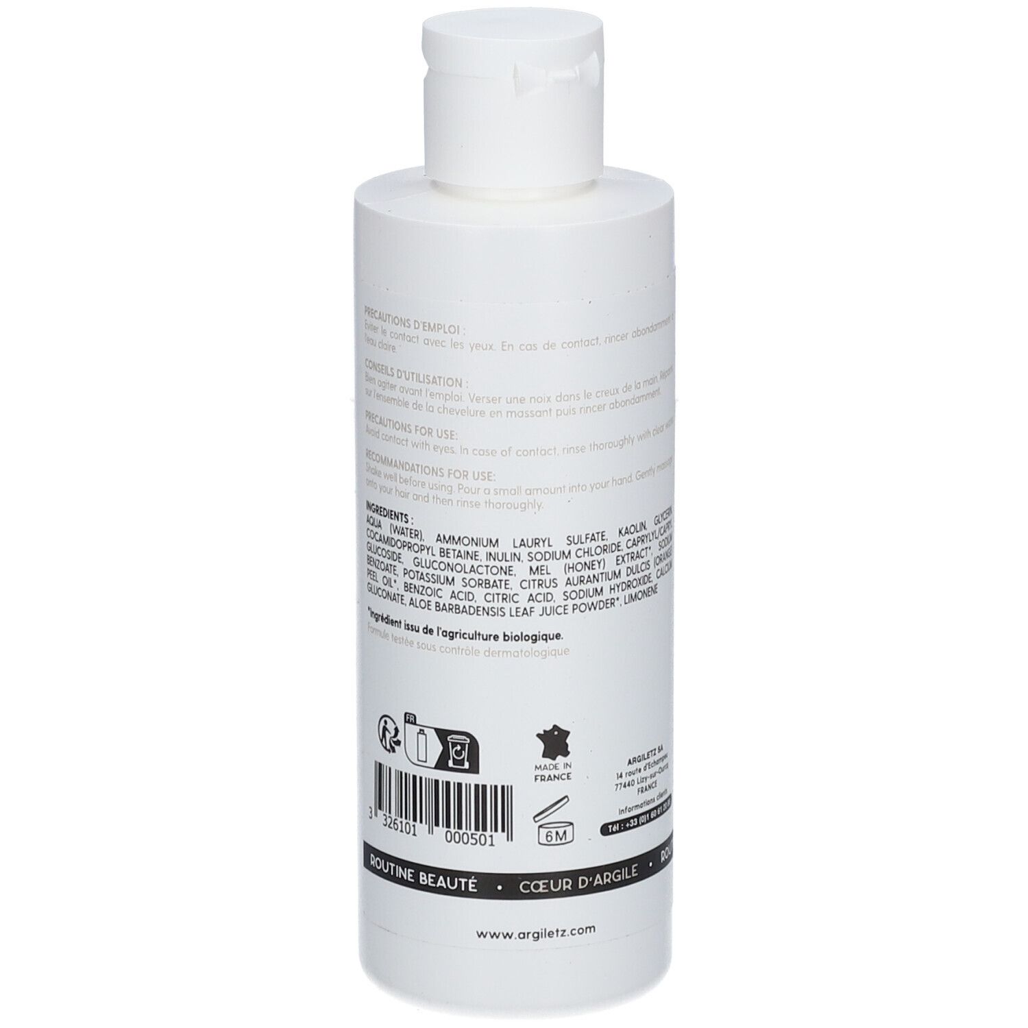 Rückseite der weißen Shampoo-Flasche. Zutatenliste und Informationen. Argiletz-Logo und Text. Mit Bio-Siegel.