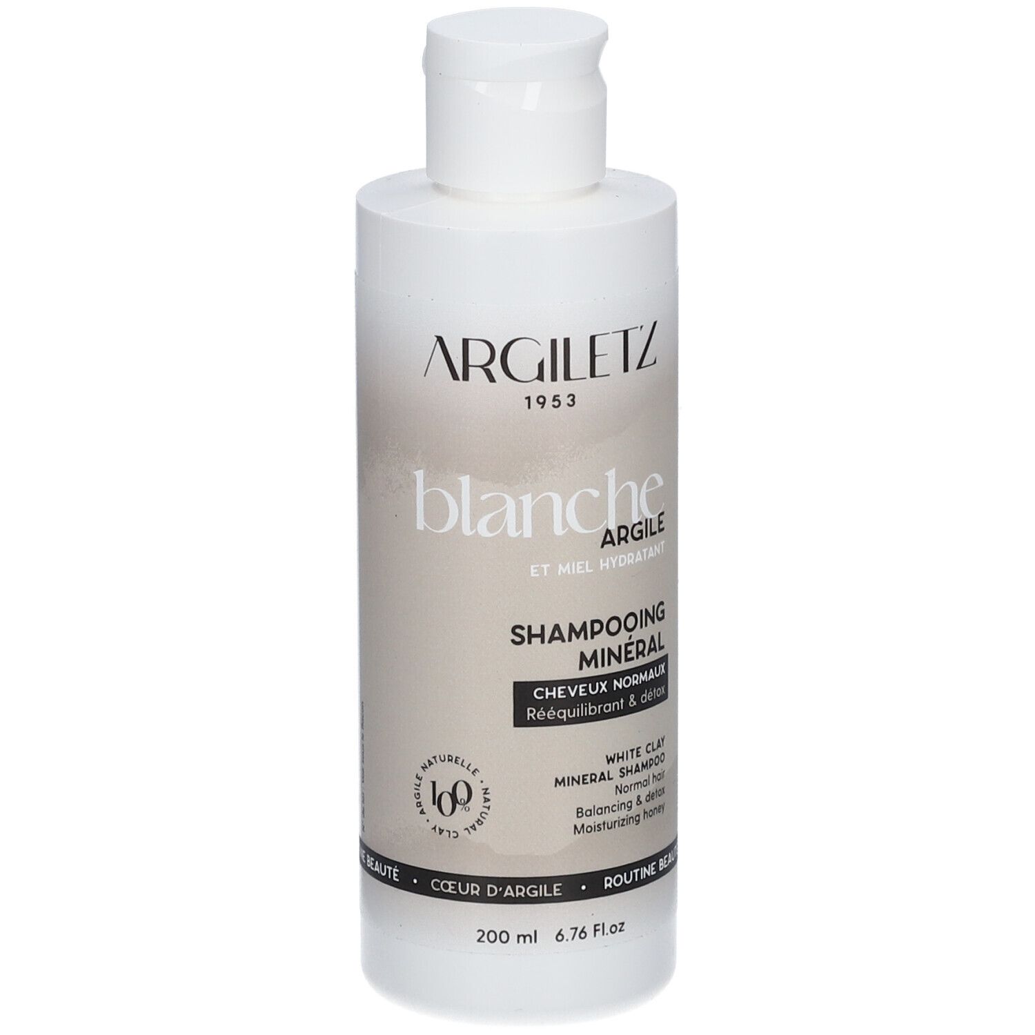 Weiße Shampoo-Flasche mit Argiletz-Logo und Text. Mineral-Shampoo für normales Haar. Enthält weißen Ton und Honig.