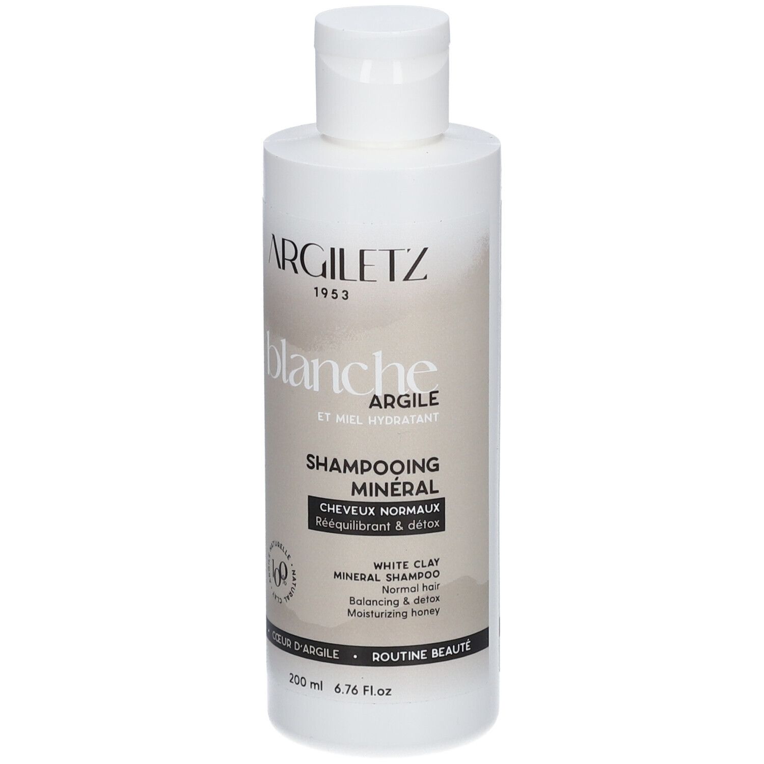 Weiße Shampoo-Flasche mit Argiletz-Logo und Text. Mineral-Shampoo für normales Haar. Enthält weißen Ton und Honig.