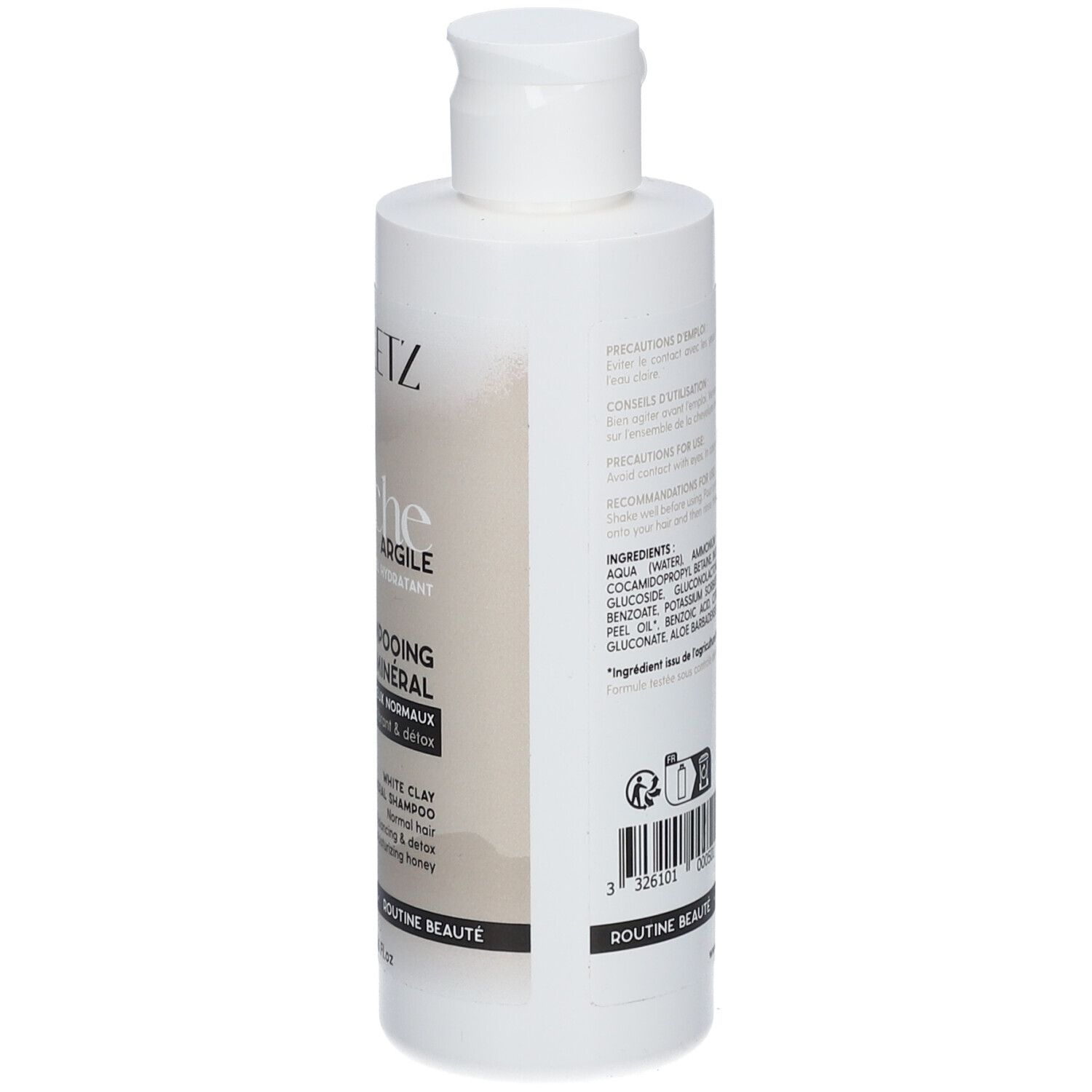 Rückseite der weißen Shampoo-Flasche. Zutatenliste und Informationen. Argiletz-Logo und Text. Mit Bio-Siegel.