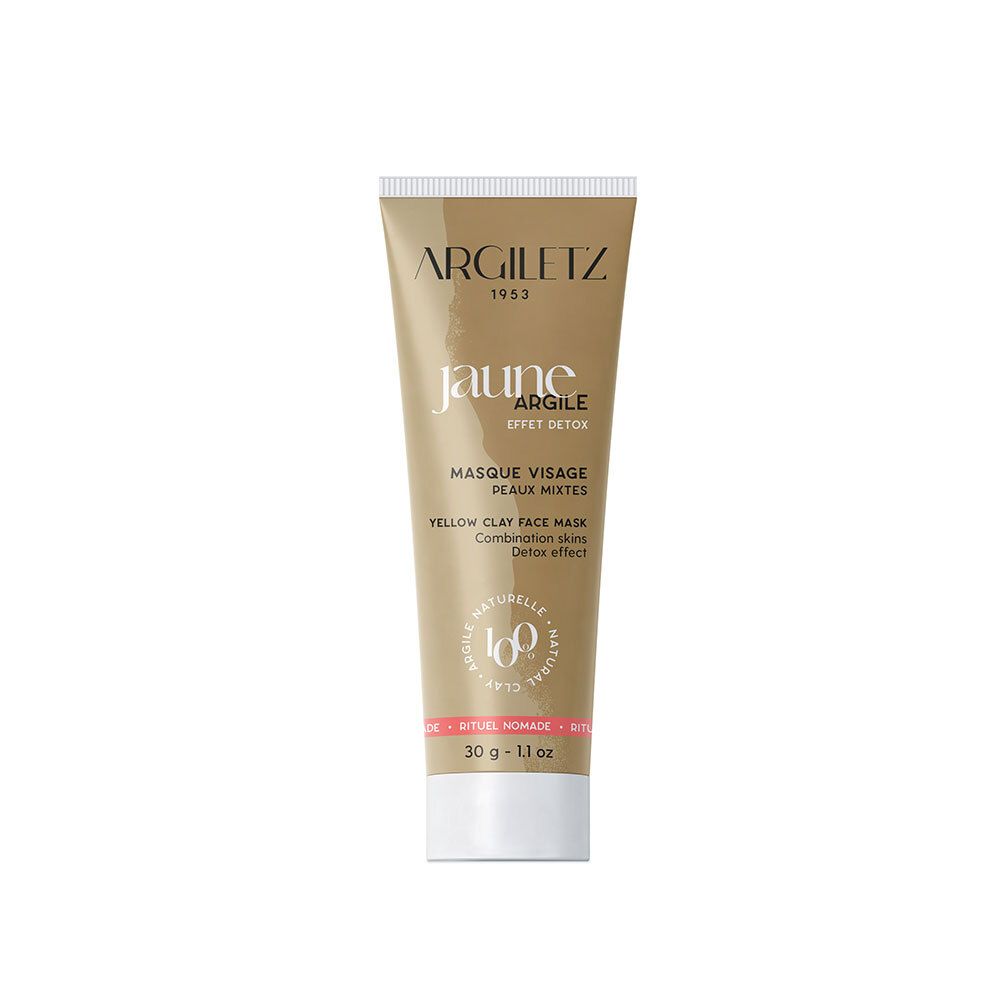 Gelbe Tube mit Produktnamen und Schriftzug. "ARGILETZ" und "jaune argile" sind sichtbar. "Masque Visage" und "Yellow Clay Face Mask".