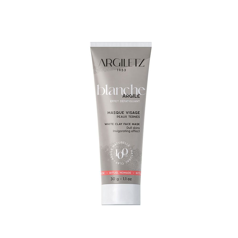 Graue Tube mit weißem Deckel. Aufschrift: ARGILETZ, blanche, Masque Visage, Peaux Ternes. Roter Streifen unten.