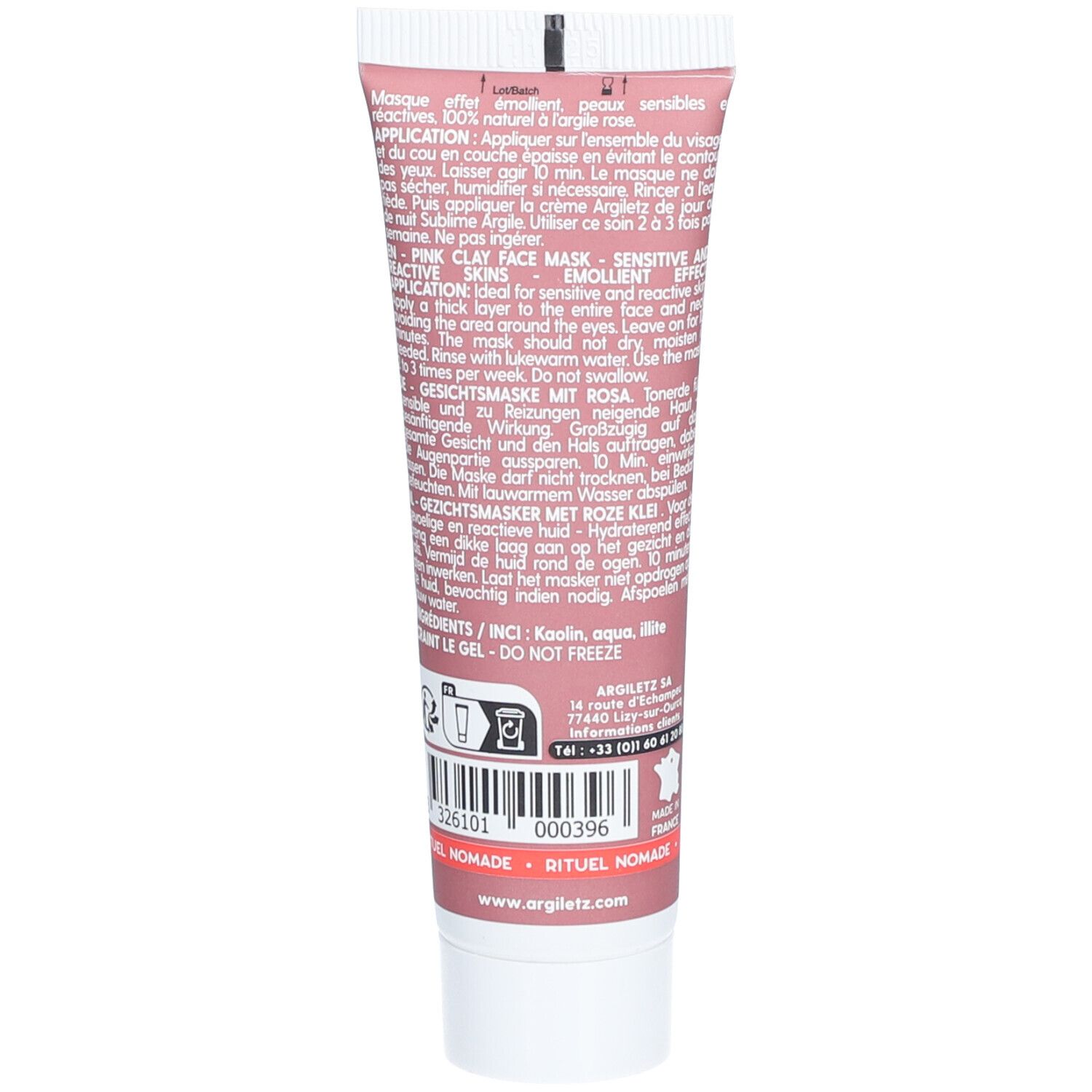Rückseite der Tube. Text und Informationen zur Anwendung. Weißer Deckel. Rosa Tube. Barcode und Logo.