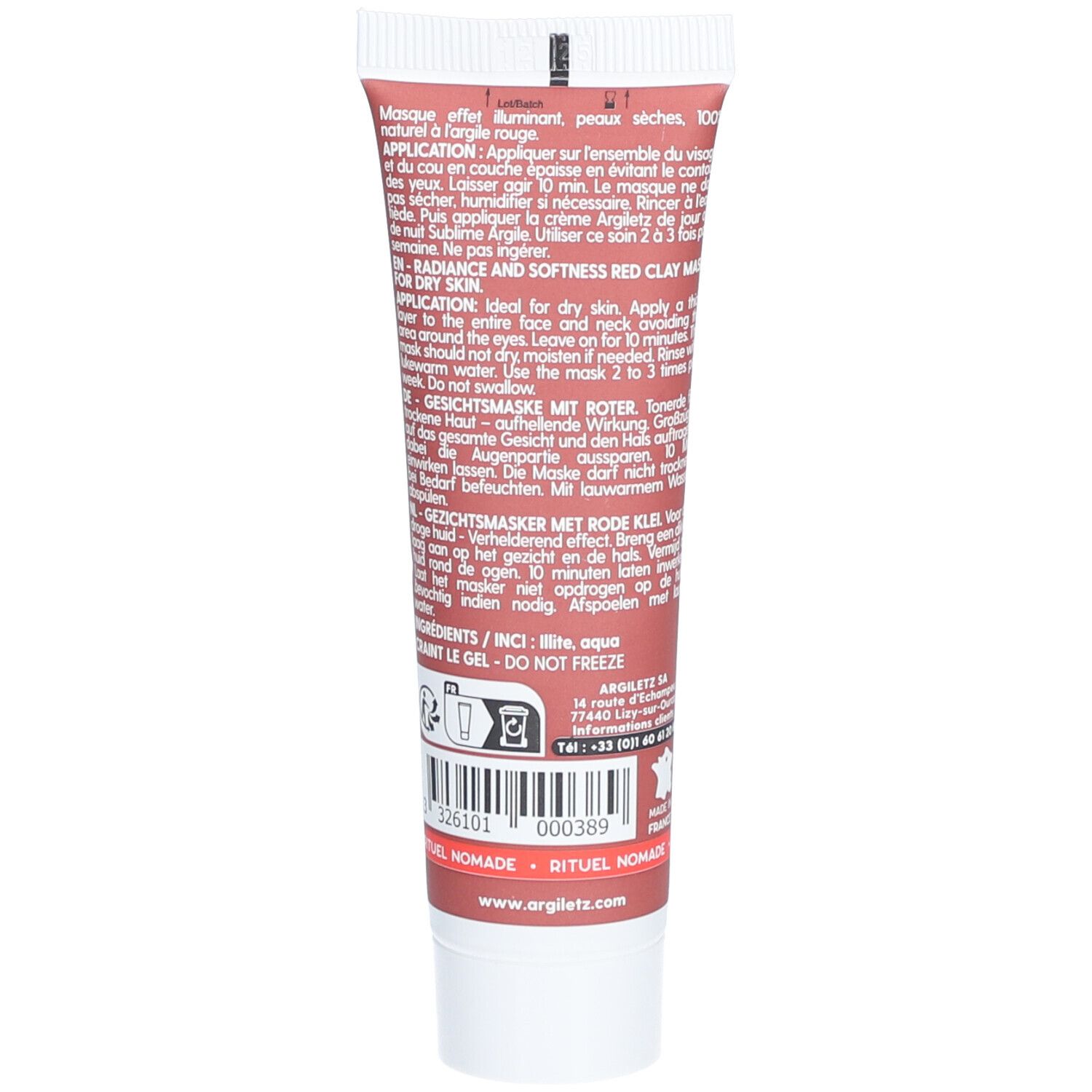 Dos du tube rouge. Texte en allemand, français et anglais. Ingrédients, instructions d'utilisation et informations fabricant.