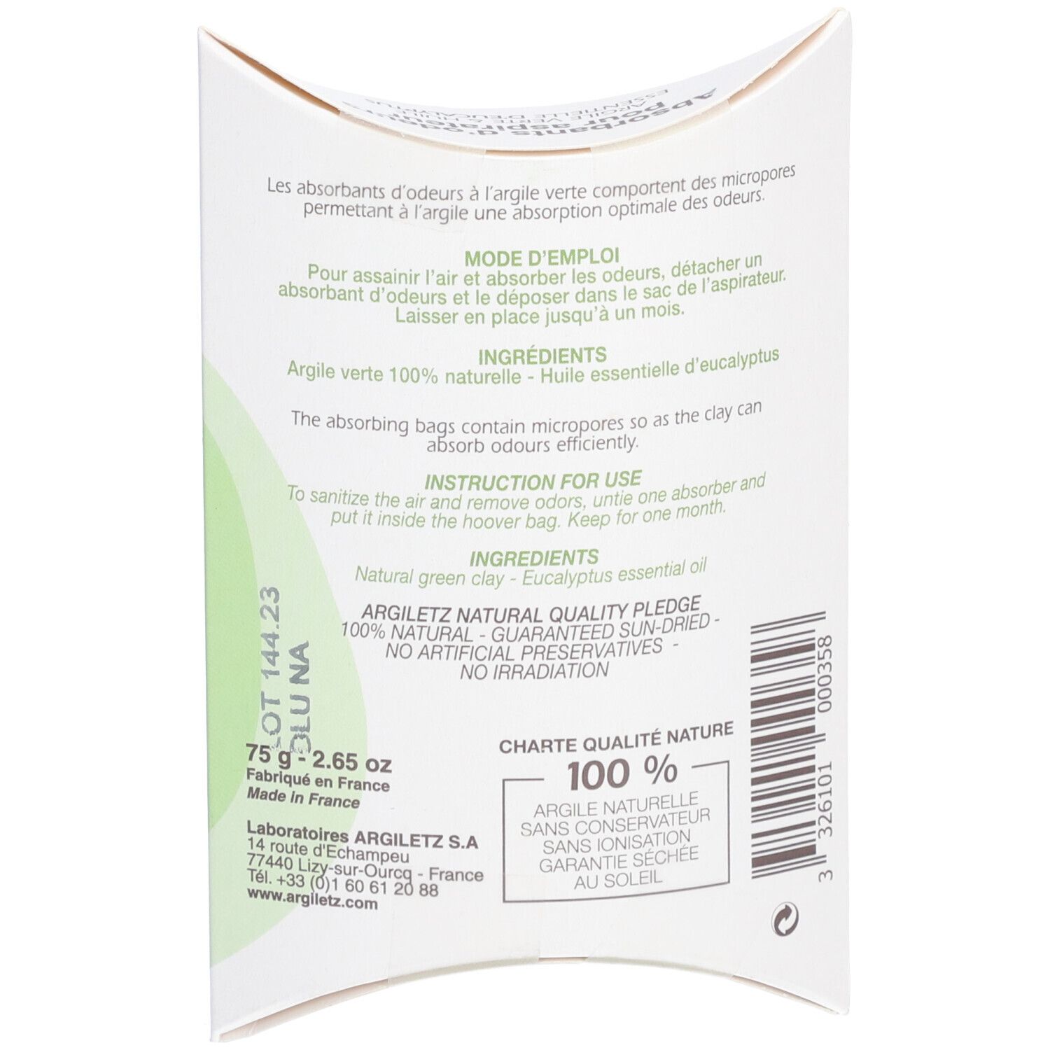 Dos du paquet. Texte: ARGILETZ, qualité naturelle, 100% naturel, sans conservateur, séché au soleil garanti.