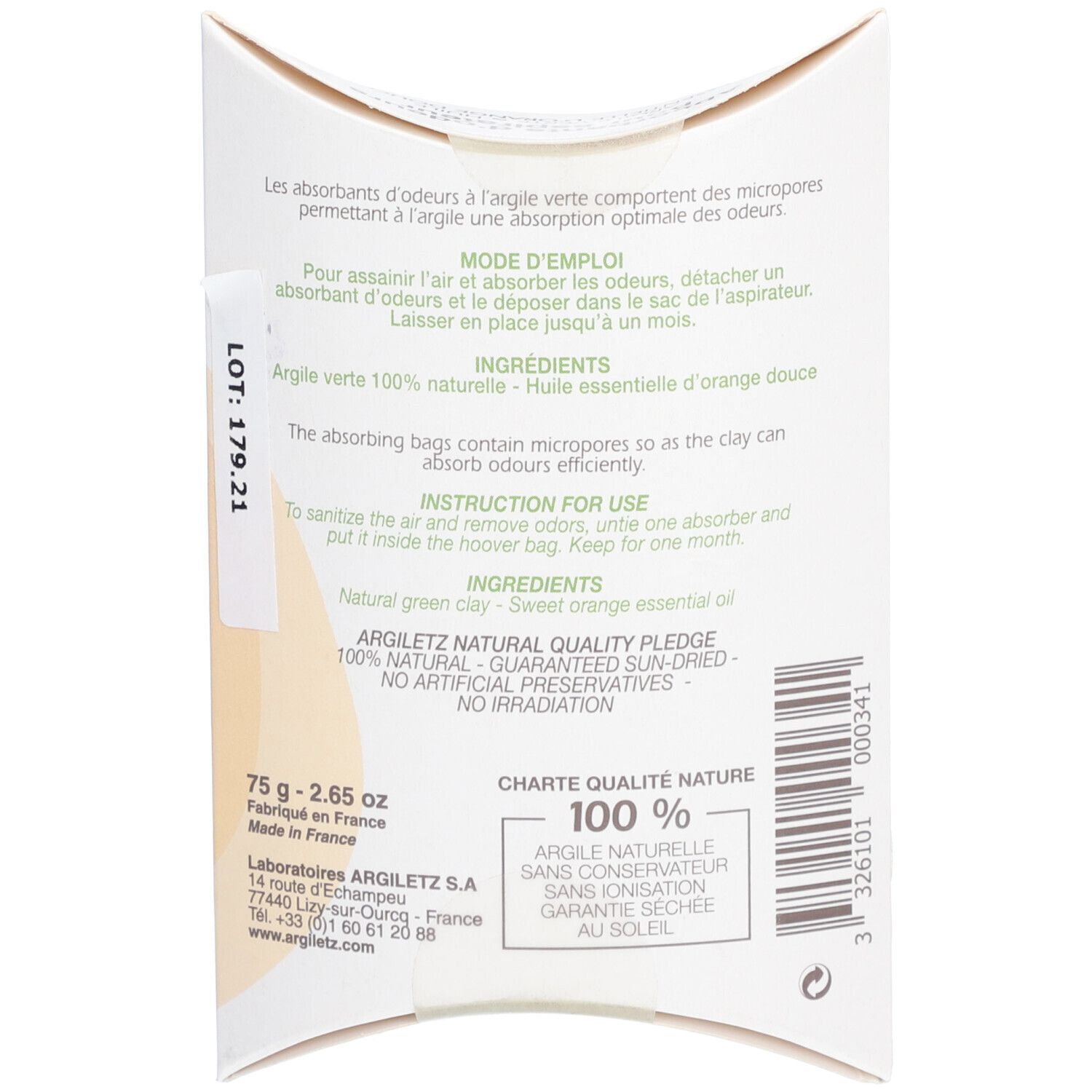 Achterkant van de verpakking. Tekst: Gebruiksaanwijzing, ingrediënten, kwaliteitslabel. Gemaakt in Frankrijk.