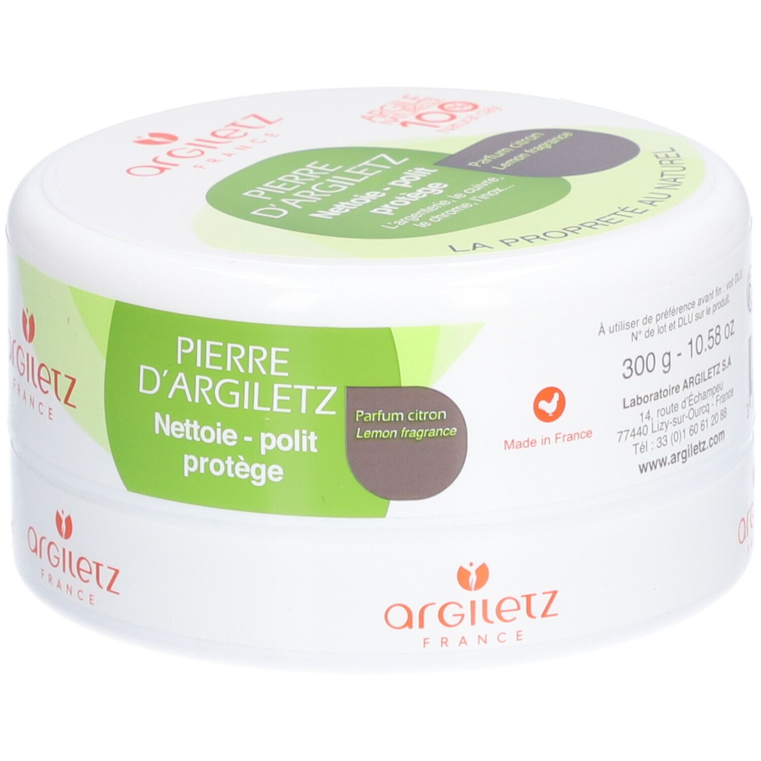 Weißer Behälter mit grünem Etikett. Aufschrift: Pierre d'Argiletz, Nettoie-polit protégé, Parfum citron. 300g. Marke Argiletz.