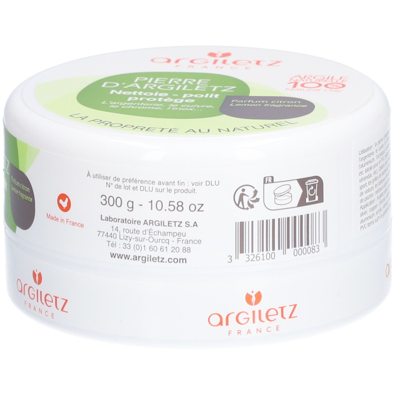 Weißer Behälter mit Text und Etiketten. Aufschrift: Pierre d'Argiletz, Nettoie-polit protégé. 300g. Marke Argiletz. Barcode.