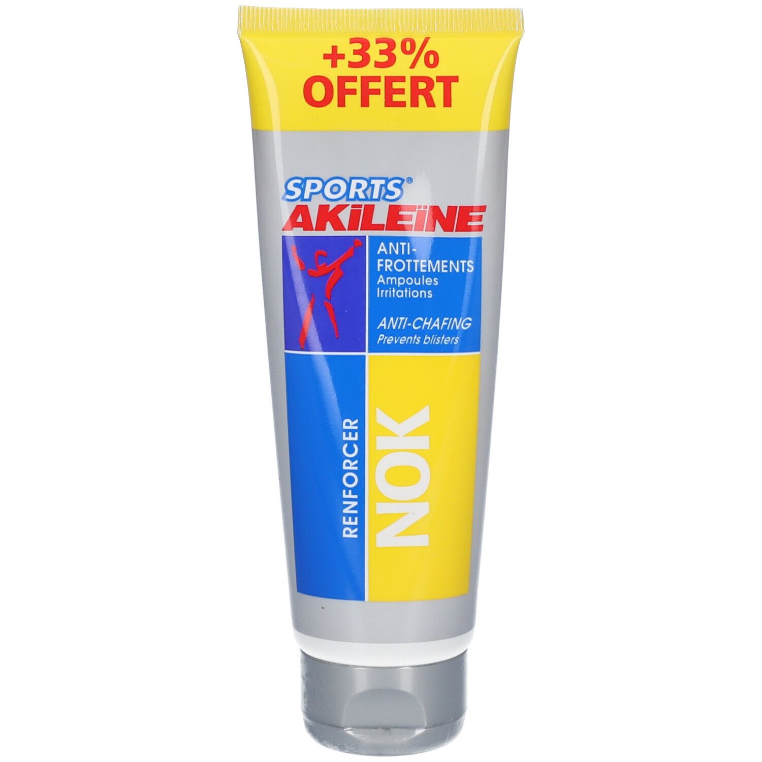 Tube Akileïne Sports NOK Crème, jaune-gris-bleu. Texte : Anti-Frottements, Anti-Chafing. +33% OFFERT.