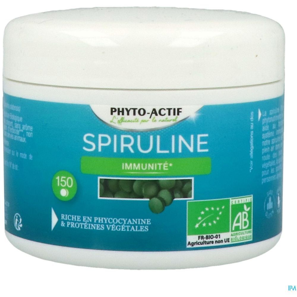 Weißes, rundes Behältnis mit blauem Etikett. Aufschrift: Spiruline, Immunität. 150 Tabletten. Bio-Siegel.