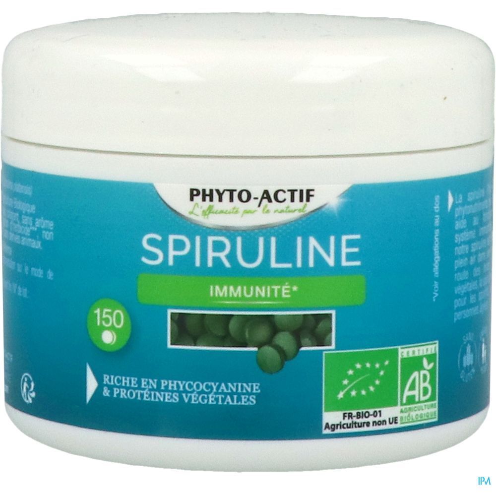 Weißes, rundes Behältnis mit blauem Etikett. Aufschrift: Spiruline, Immunität. 150 Tabletten. Bio-Siegel.