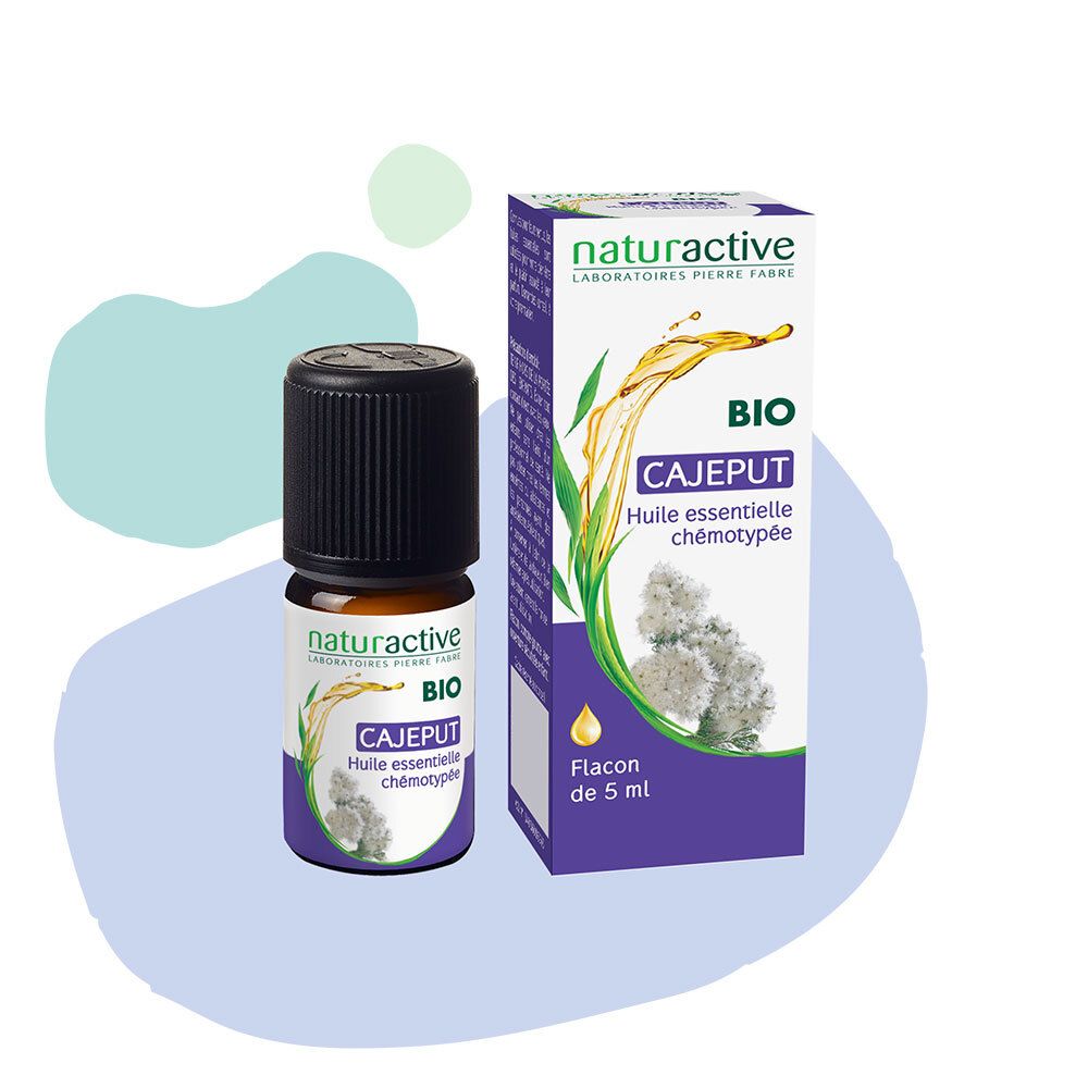 Braune Glasflasche mit schwarzem Deckel und Karton. Aufschrift: naturactive BIO Cajeput. Flasche: 5 ml.
