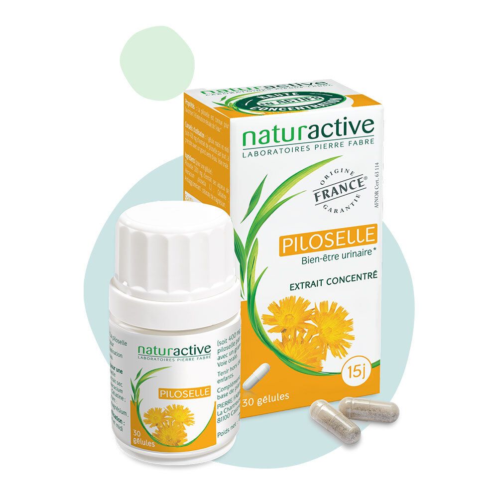 Flacon et boîte Naturactive Piloselle. Capsules à côté. Inscription : Bien-être urinaire, Extrait concentré.