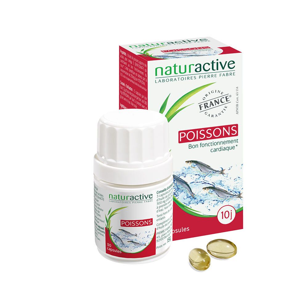 Flacon et boîte blancs avec gélules. Inscription : Naturactive Poissons, 30 capsules. Illustration de poissons.