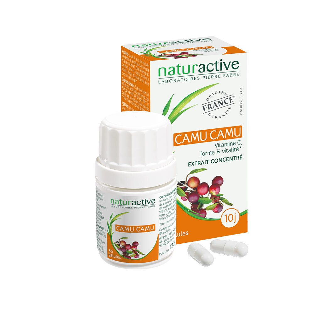 Flacon et boîte blancs avec inscription Camu Camu. 3 gélules à côté. Inscription: Naturactive, Vitamine C.