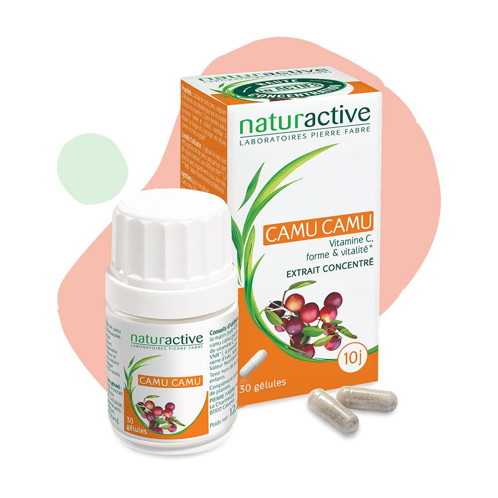 Flacon et boîte blancs avec inscription Camu Camu. 3 gélules à côté. Inscription: Naturactive, Vitamine C.