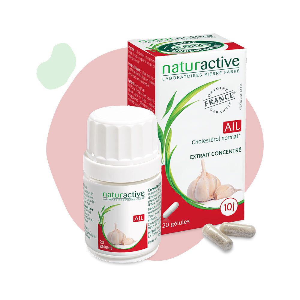 Weiße Flasche und Schachtel mit Naturactive-Logo und Knoblauch-Abbildung. Enthält Kapseln. Text: Ail, Extrait Concentré.