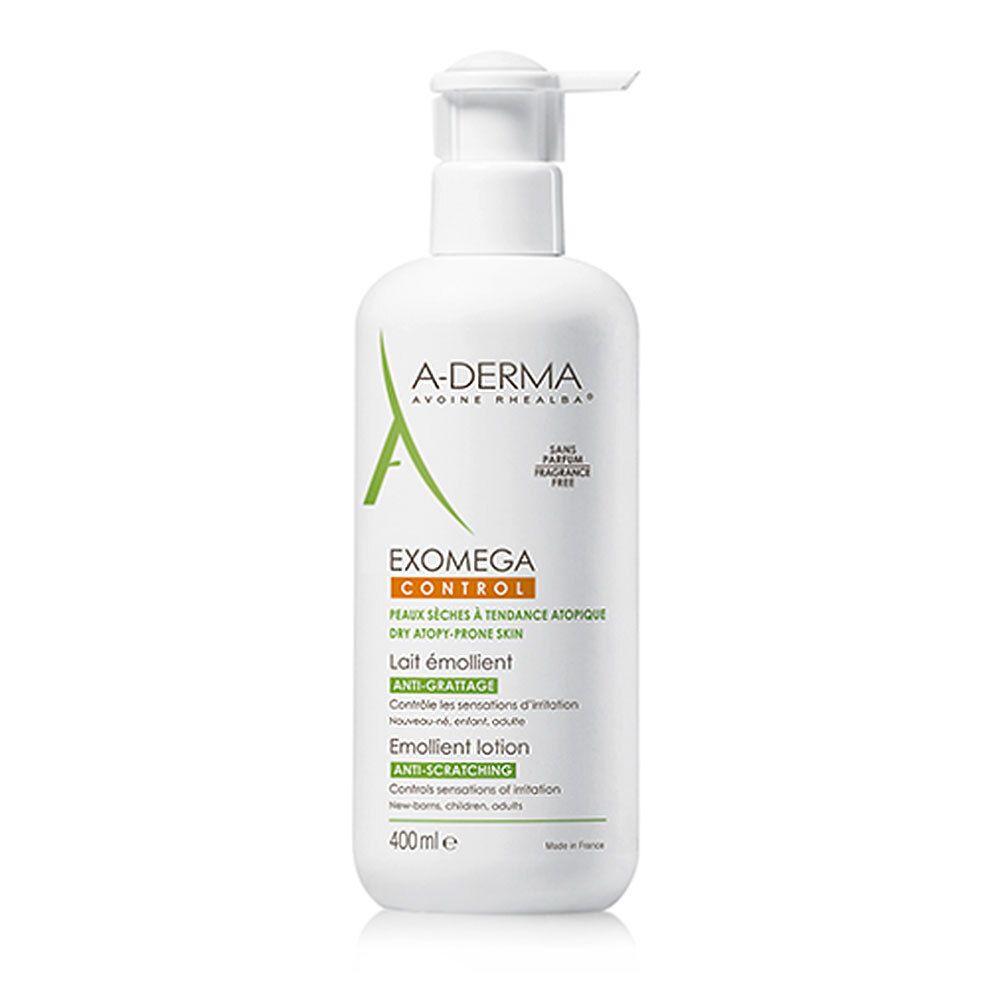 Flacon blanc avec pompe. A-DERMA EXOMEGA CONTROL, Lait émollient, 400ml. Pour peaux sèches à tendance atopique.