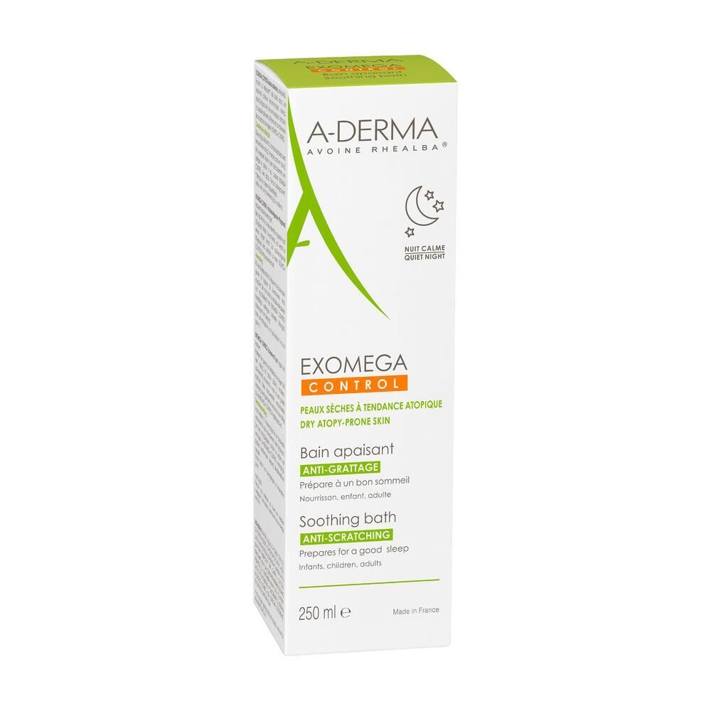 Boîte avec design vert et blanc. Texte: A-DERMA, EXOMEGA CONTROL, 250 ml.