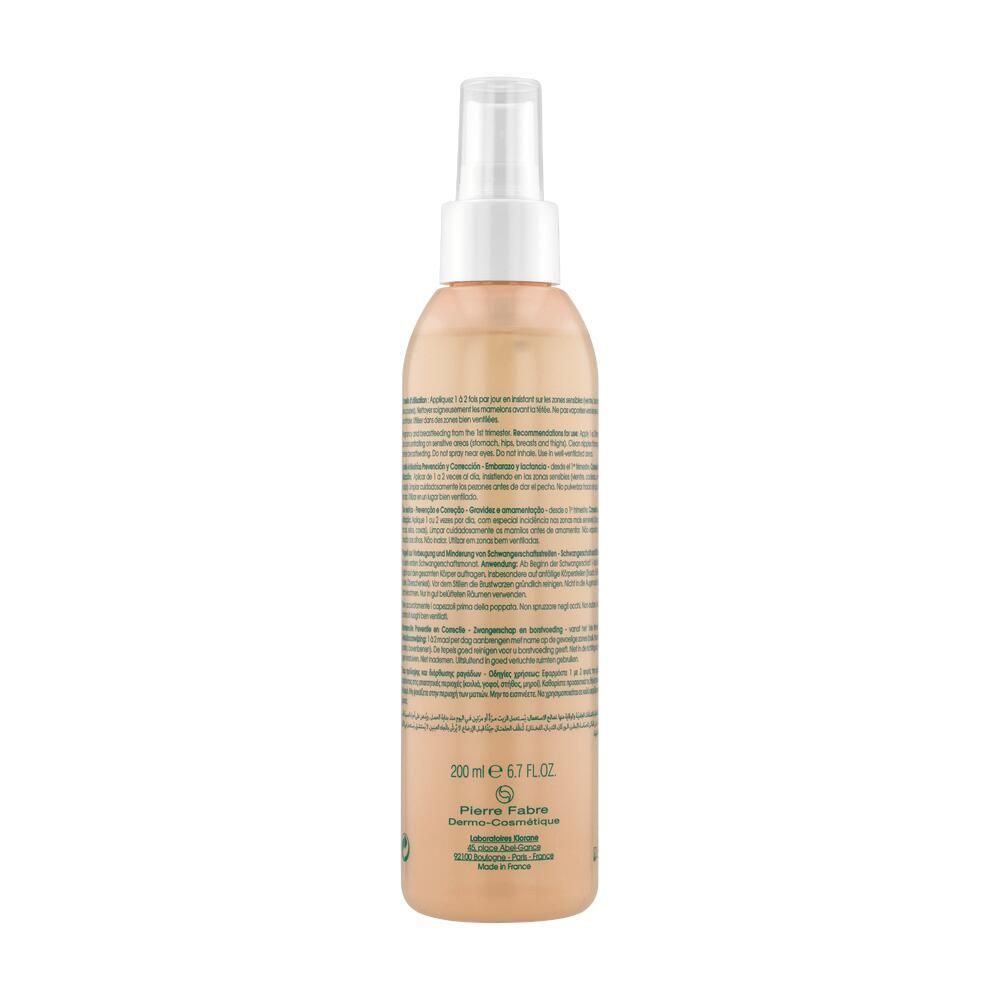 Rückseite der Klorane-Ölflasche. Textinformationen, darunter Inhaltsstoffe und Herstellerangaben. Volumenangabe: 200 ml.