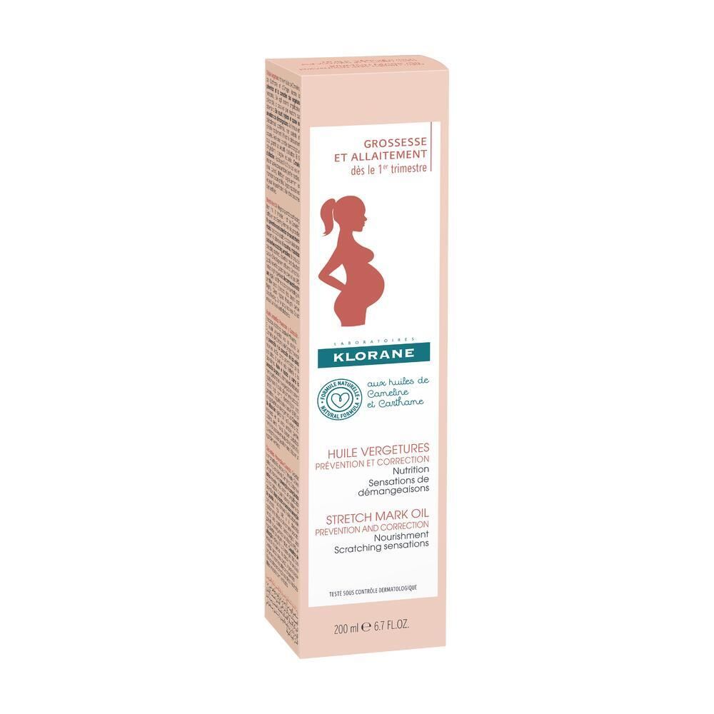 Klorane-Produktverpackung. Rosa-weißes Design. Logo mit schwangerer Frau. Produktname und Informationen. Volumen: 200 ml.