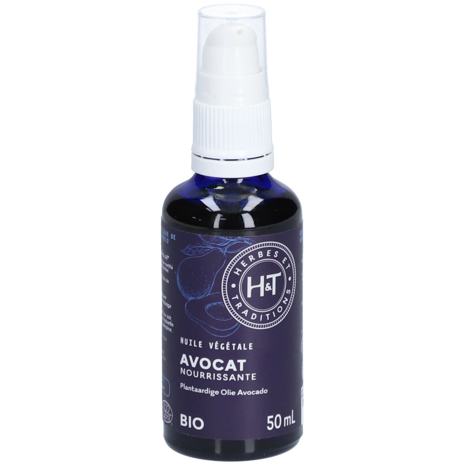 Flacon en verre bleu-violet avec pompe blanche. Inscription: H&T, Avocat, Bio. 50ml.