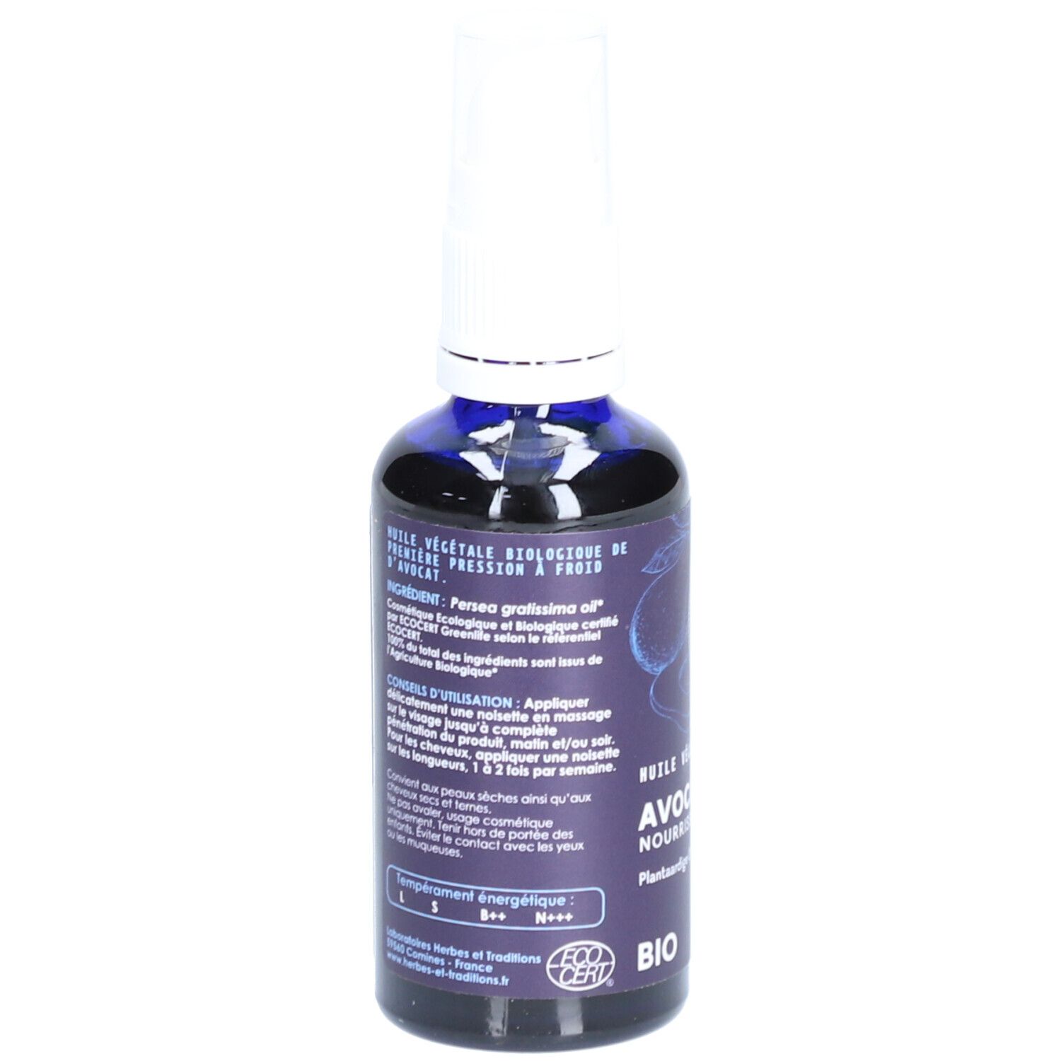 Dos du flacon en verre bleu-violet avec pompe blanche. Texte et certification Bio.
