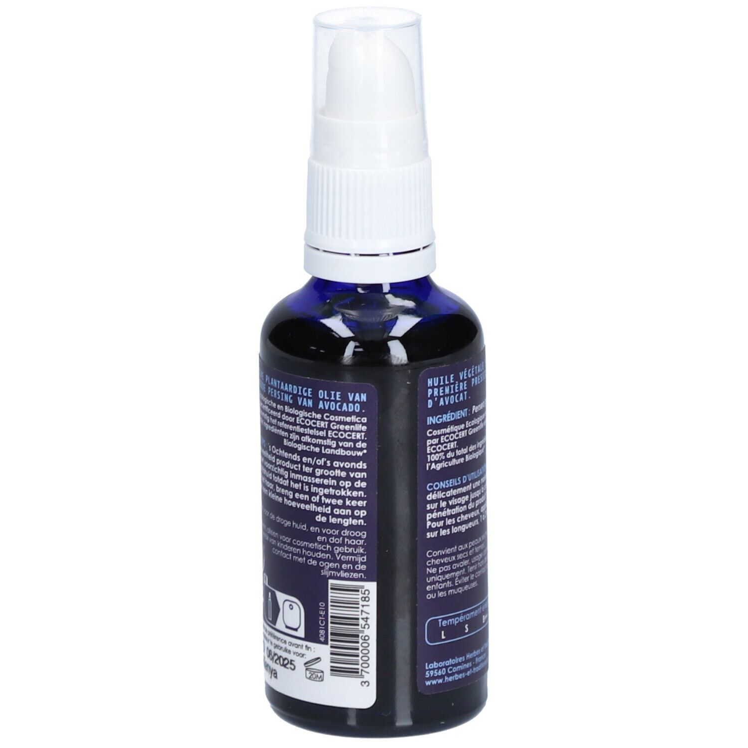 Dos du flacon en verre bleu-violet avec pompe blanche. Texte et certification Bio.