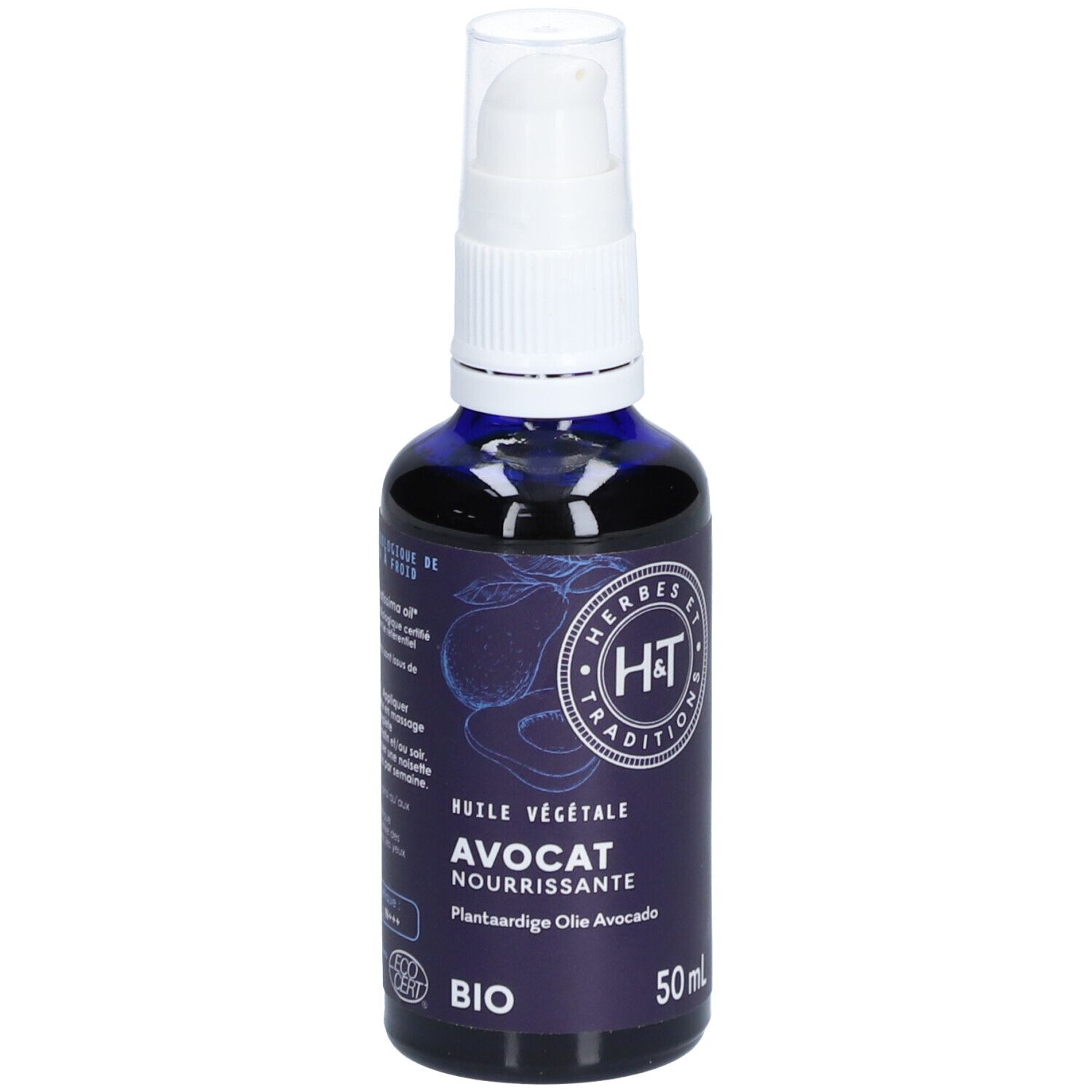 Flacon en verre bleu-violet avec pompe blanche. Inscription: H&T, Avocat, Bio. 50ml.