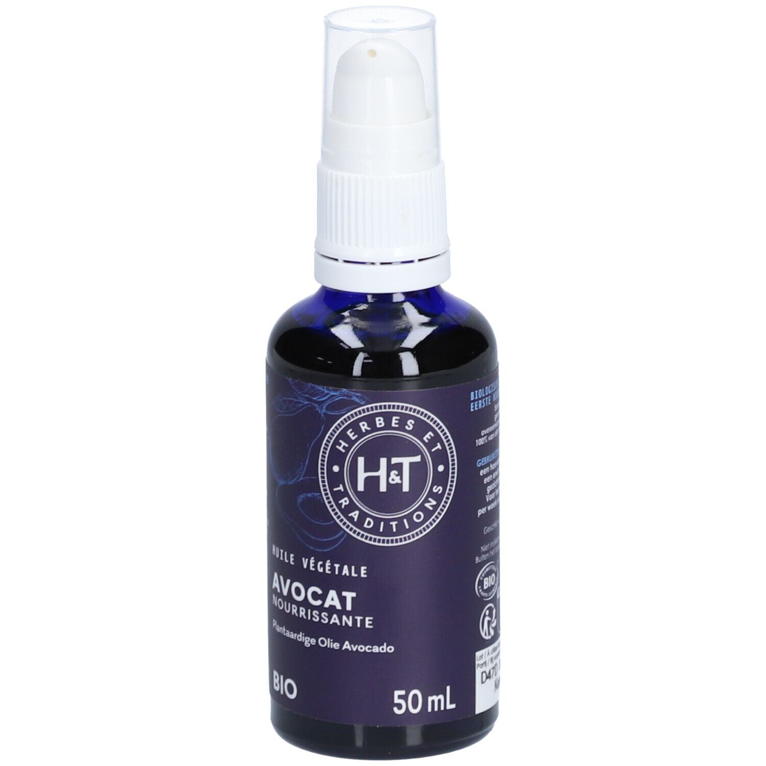 Flacon en verre bleu-violet avec pompe blanche. Inscription: H&T, Avocat, Bio. 50ml.