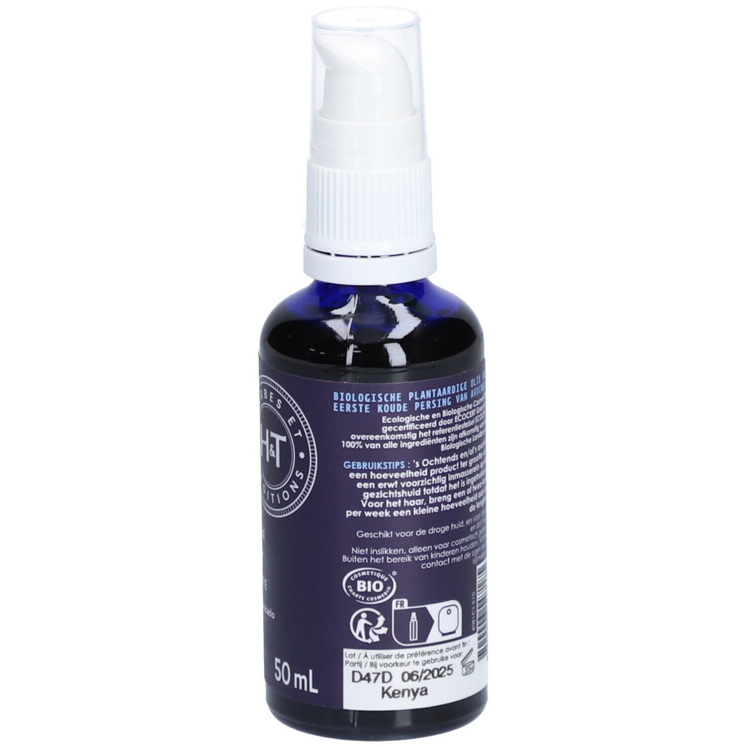 Dos du flacon en verre bleu-violet avec pompe blanche. Texte, certification Bio et numéro de lot.