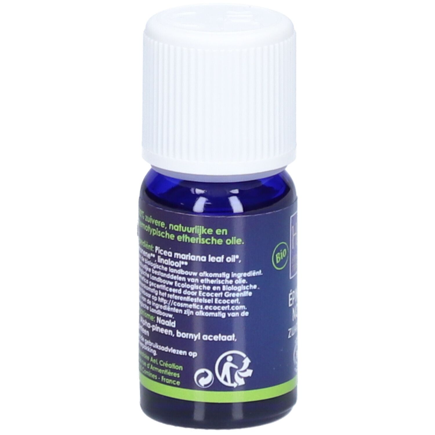 Flacon en verre bleu foncé avec bouchon blanc. Étiquette avec informations produit, ingrédients et certifications. Label bio.