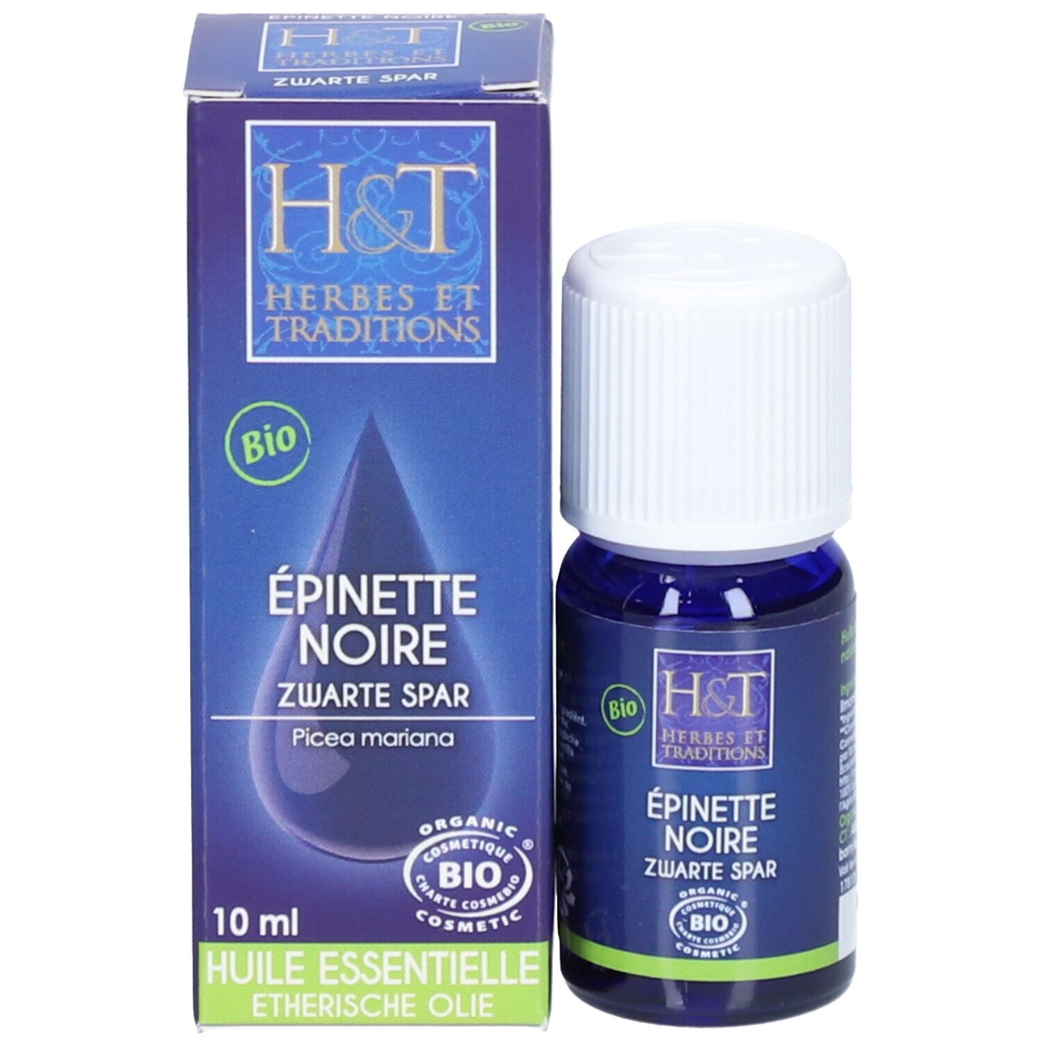 Flacon et emballage du produit. Flacon bleu foncé avec bouchon blanc à côté d'une boîte. Inscriptions: H&T, Épinette Noire, Bio.