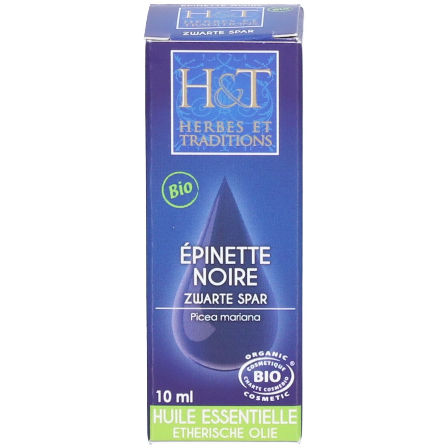 Emballage du produit. Boîte bleue avec inscriptions: H&T, Épinette Noire, Bio. Illustration de goutte.