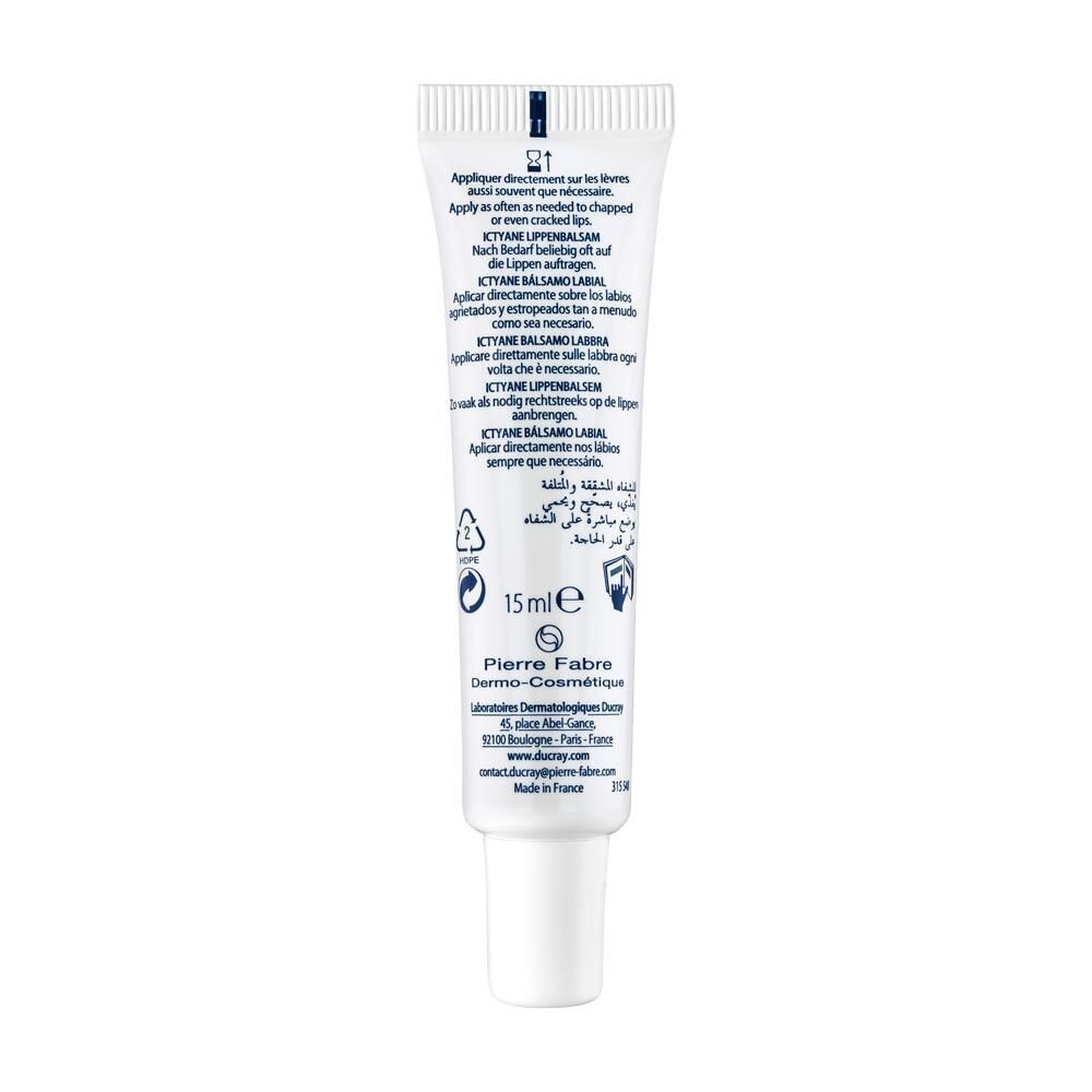Rückseite der Tube ICTYANE Lippenbalsam. Text in mehreren Sprachen. 15ml. Pierre Fabre Logo.