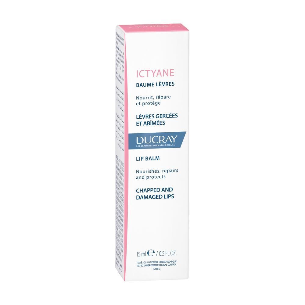 Verpackung ICTYANE Baume Lèvres. Text: Nourrit, répare et protège. DUCRAY Logo. 15ml.
