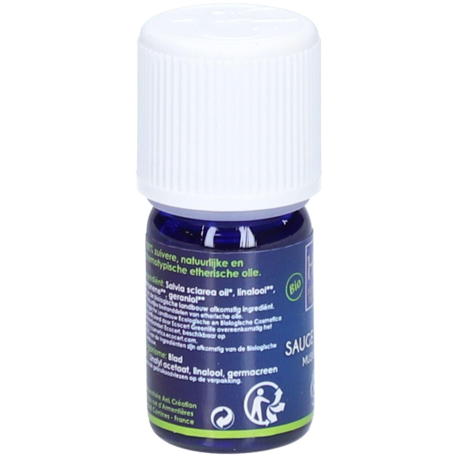 Flacon bleu avec bouchon blanc. Inscription: Ingrédients, Salvia sclarea oil, certification bio.