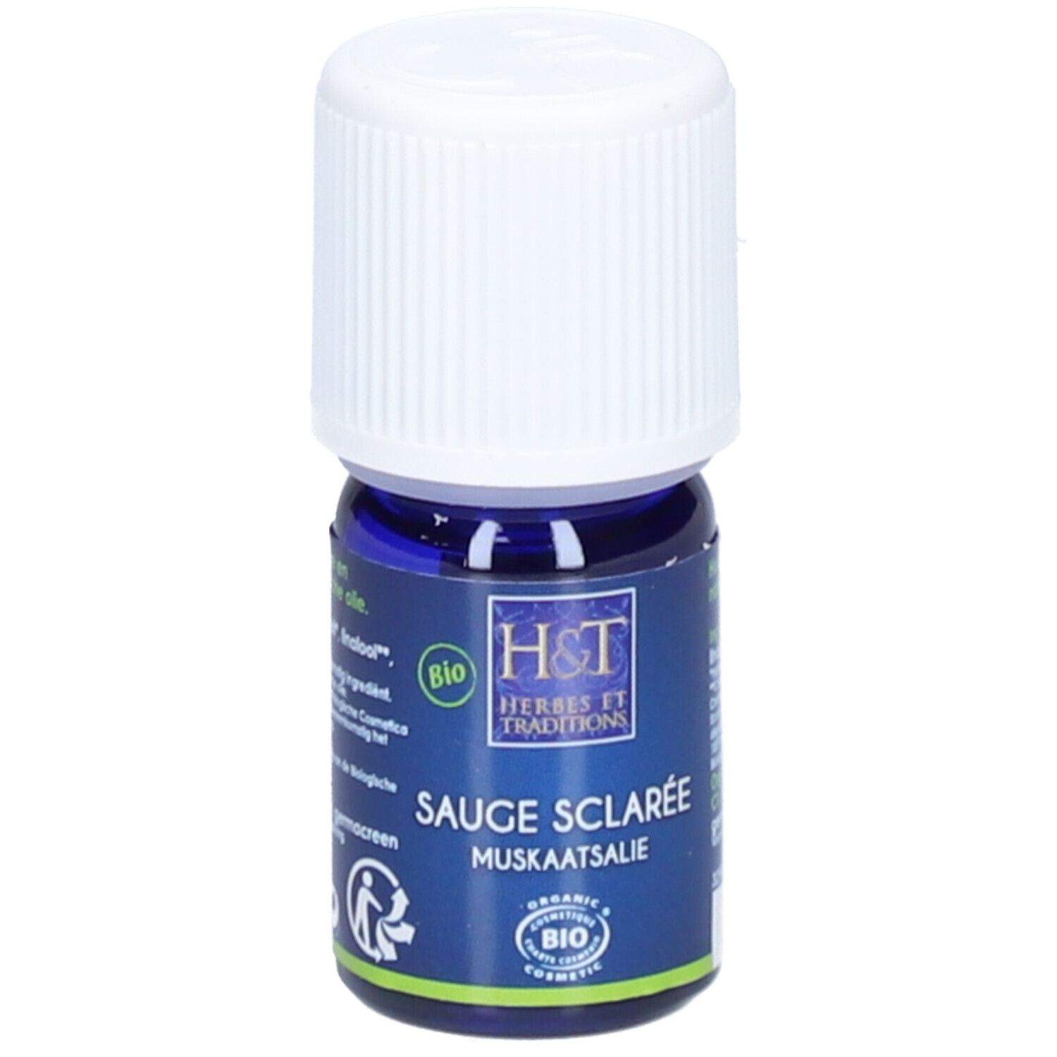 Flacon bleu avec bouchon blanc. Inscription: H&T, Sauge Sclarée, certification bio.
